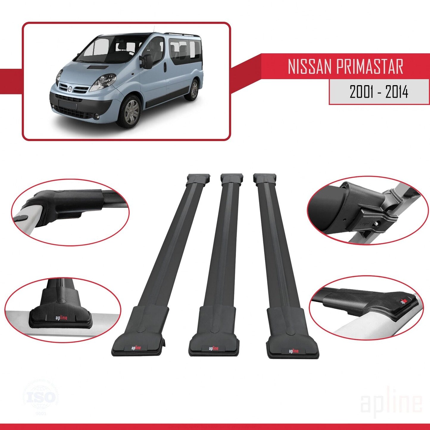 Compatible avec Nissan Primastar 2001-2014 FLY Model Barres de Toit Railing Porte-Bagages de Voiture Noir Aluminium 3 Barres