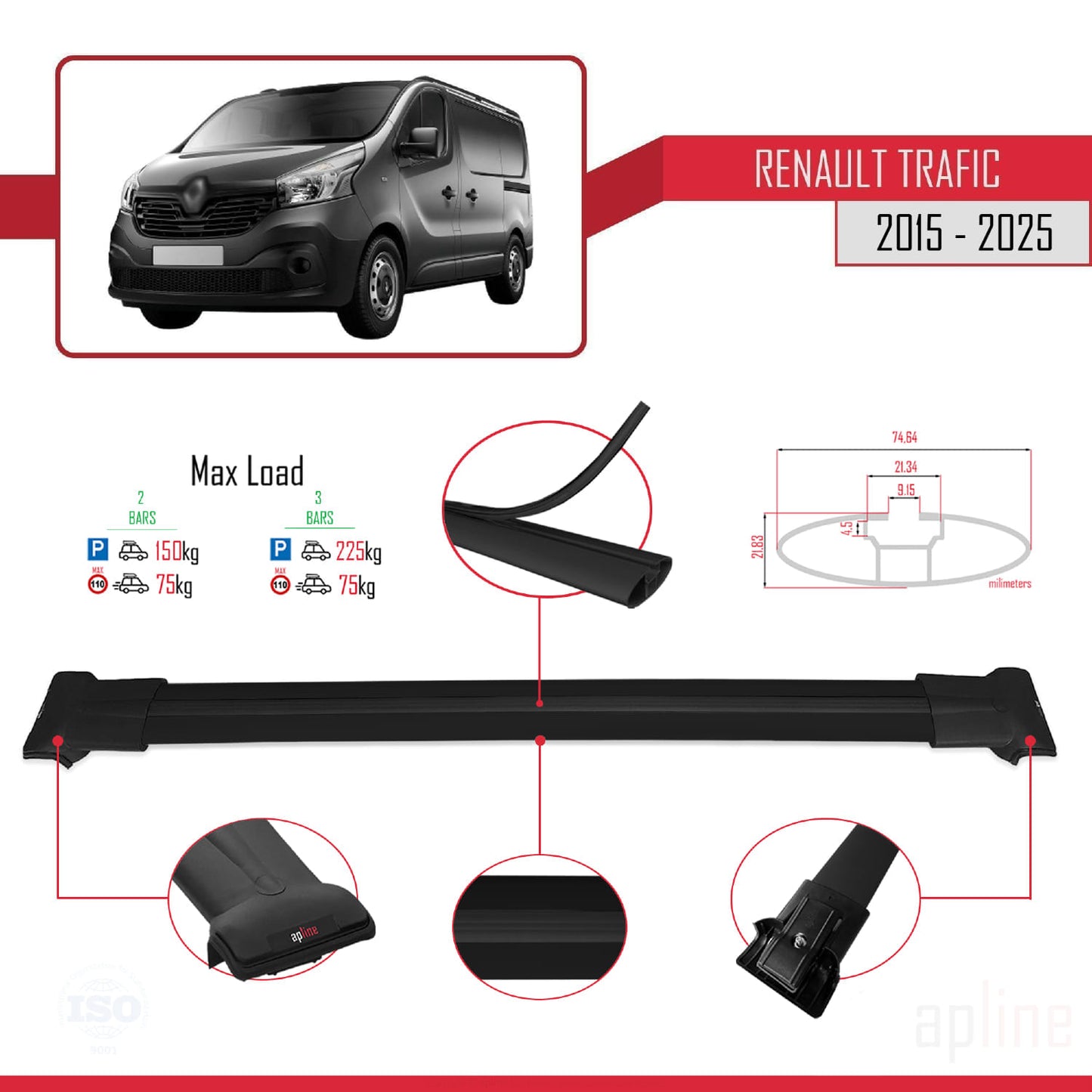 Compatible with Renault Trafic 3 (X82) 2015-2025 FLY Model Car Roof Rack Cross Bar Black Aluminium 2 Bars