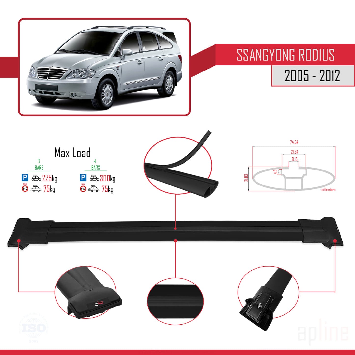 Compatible avec Ssangyong Rodius 2005-2012 FLY Model Barres de Toit Railing Porte-Bagages de Voiture Noir Aluminium 3 Barres