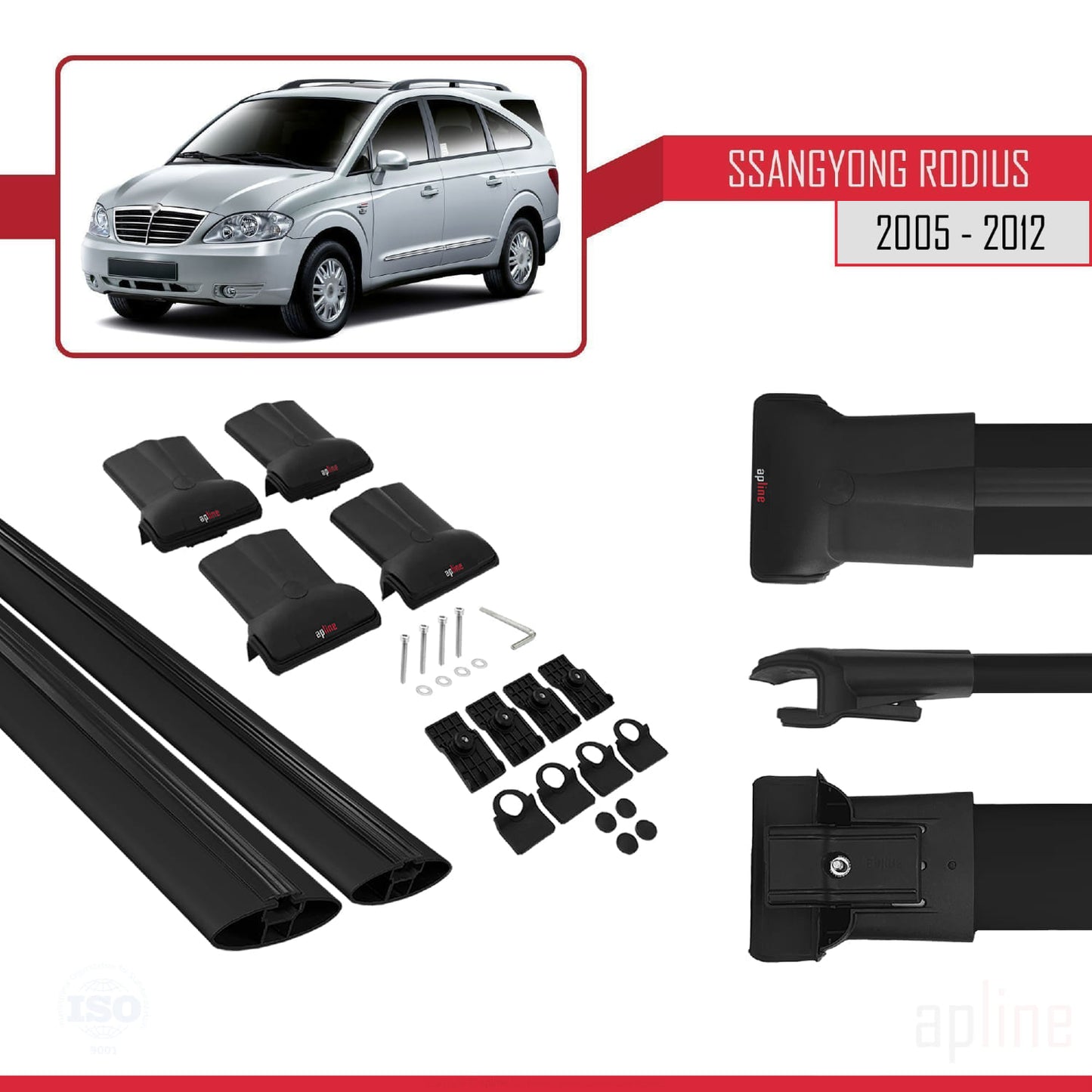 Compatible avec Ssangyong Rodius 2005-2012 FLY Model Barres de Toit Railing Porte-Bagages de Voiture Noir Aluminium 2 Barres