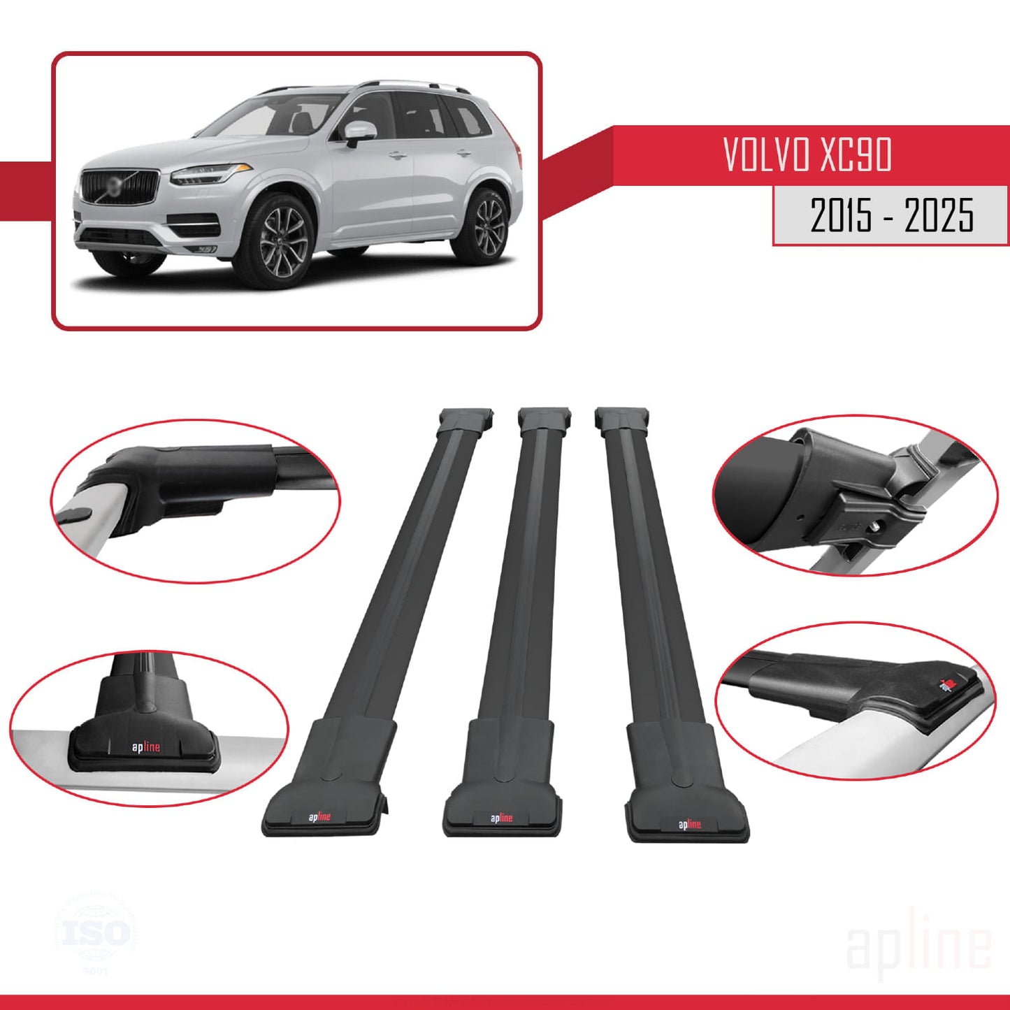 Compatible avec Volvo XC90 II 2015-2025 FLY Model Barres de Toit Railing Porte-Bagages de Voiture Noir Aluminium 3 Barres