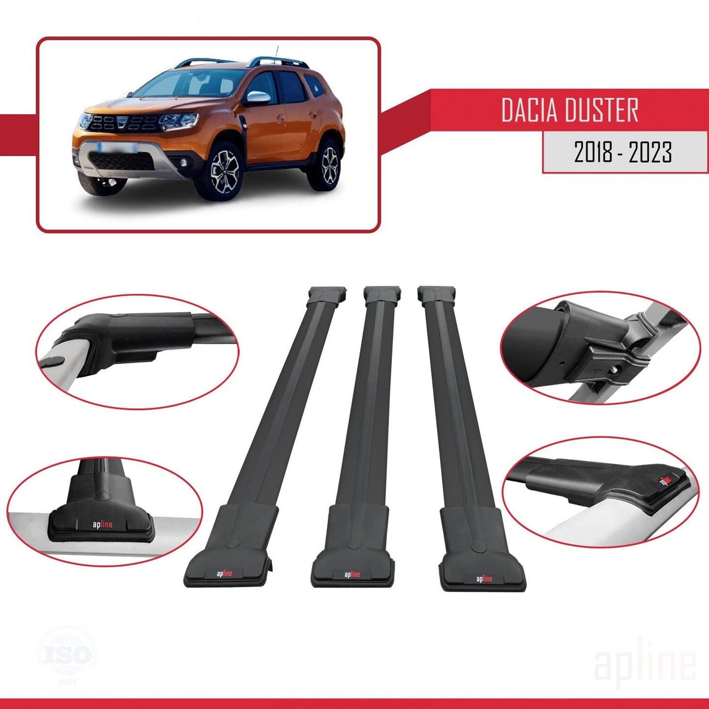 Compatible avec Dacia Duster 2 (HM) 2018-2024 FLY Model Barres de Toit Railing Porte-Bagages de Voiture Noir Aluminium 3 Barres