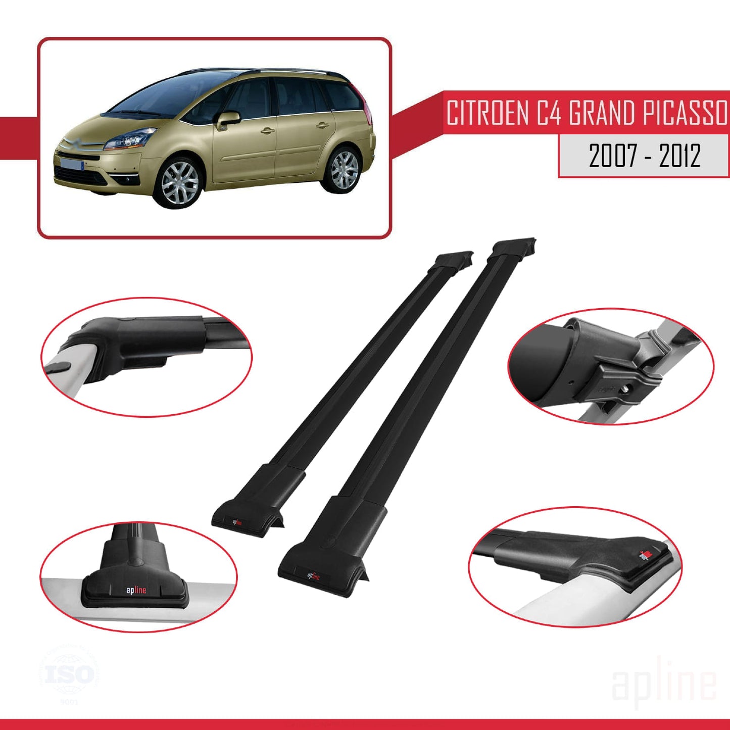 Kompatibel mit Citroen Grand C4 Picasso 2007-2012 FLY Modell Dachgepäckträger, schwarzes Aluminium, 2 Stangen