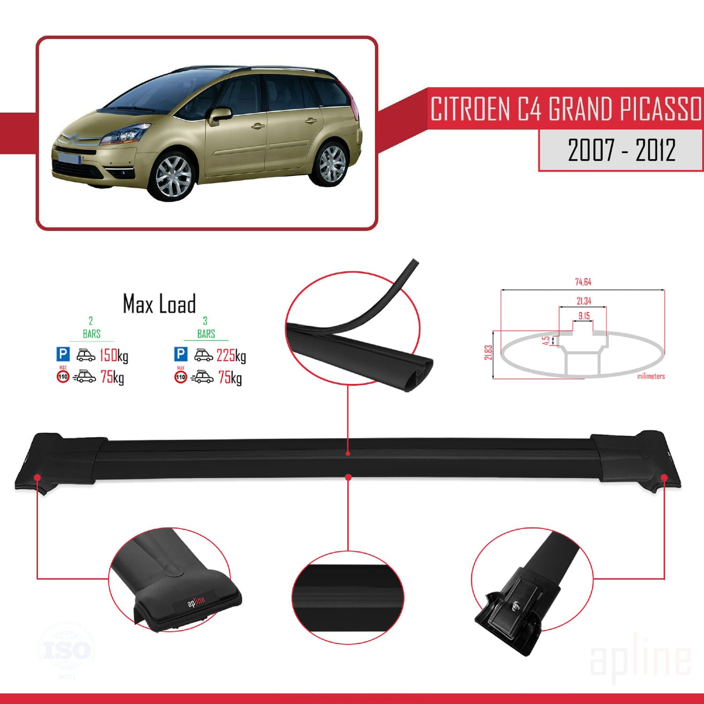 Kompatibel mit Citroen Grand C4 Picasso 2007-2012 FLY Modell Dachgepäckträger, schwarzes Aluminium, 2 Stangen
