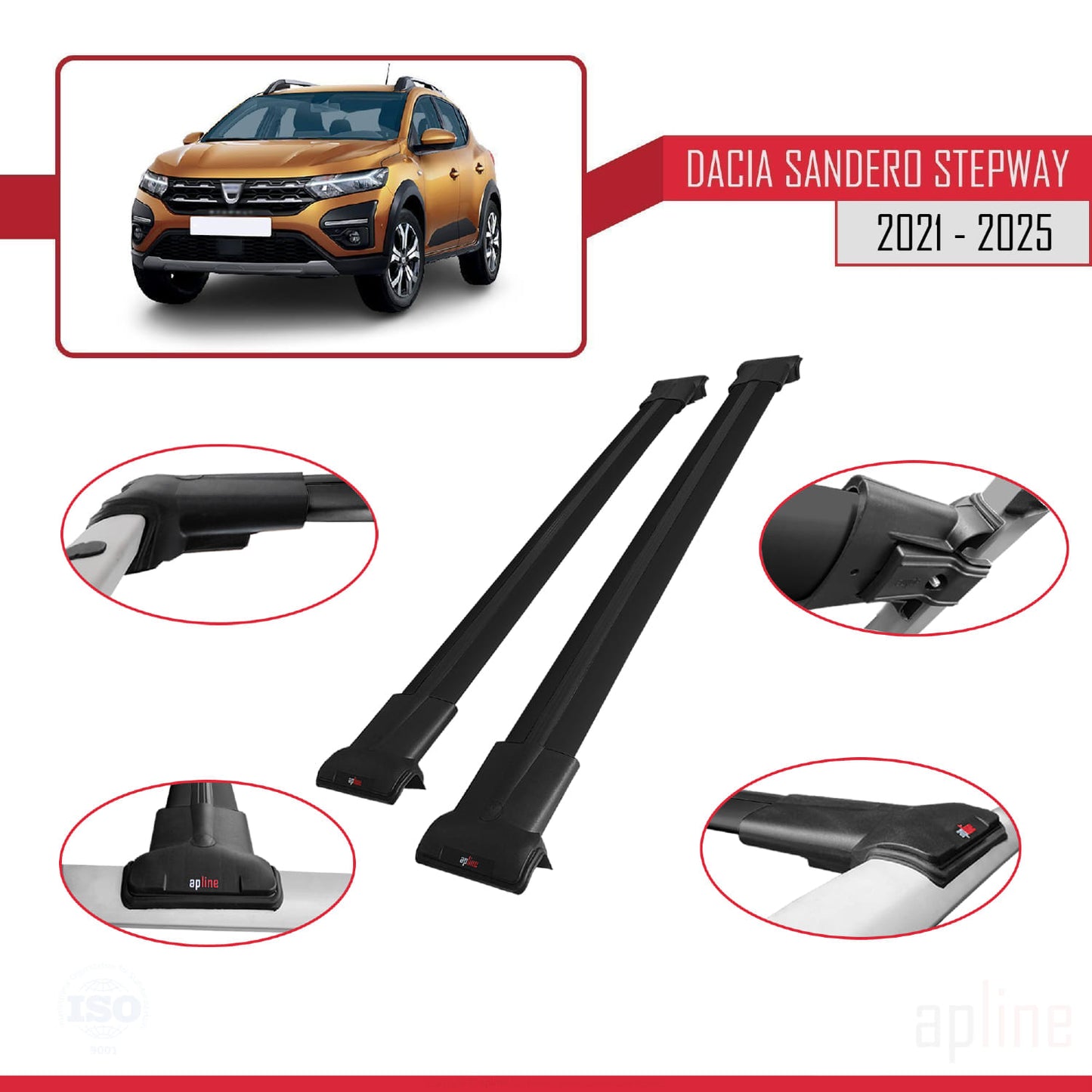 Compatibile con Dacia Sandero Stepway 3 2021-2025 modello FLY Barre portatutto per auto Portapacchi in alluminio nero 2 barre