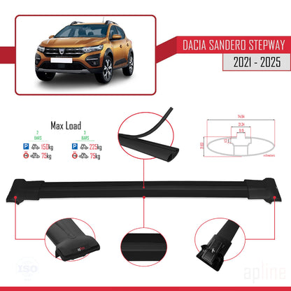 Compatibile con Dacia Sandero Stepway 3 2021-2025 modello FLY Barre portatutto per auto Portapacchi in alluminio nero 2 barre