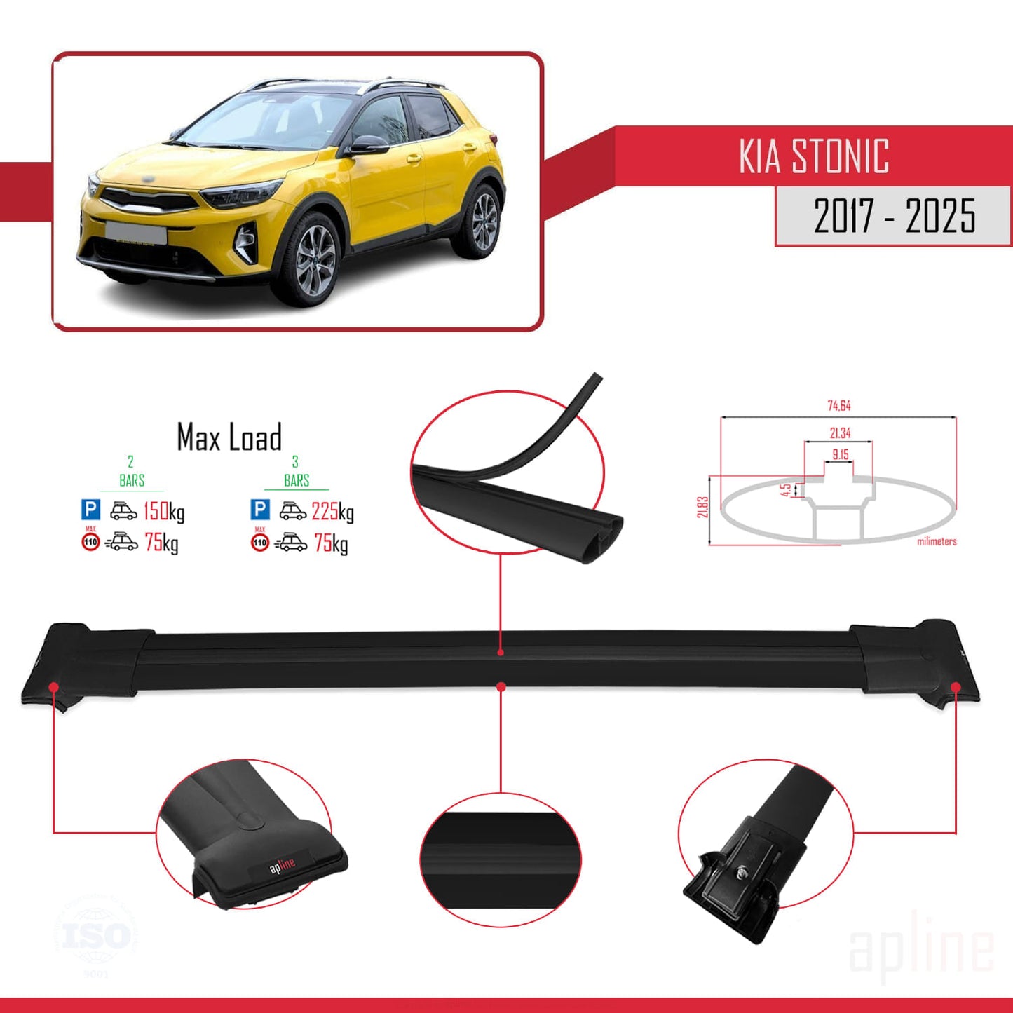 Compatible with Kia Stonic 2017-2025 FLY Model Car Roof Rack Cross Bar Black Aluminium 2 Bars