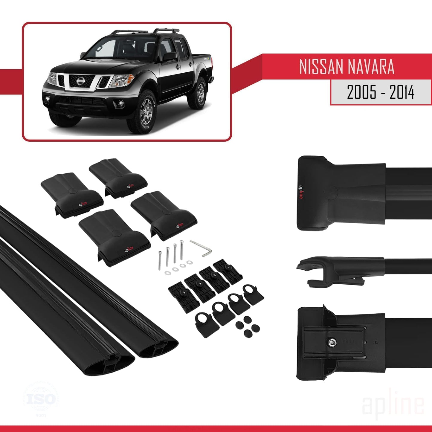 Compatible avec Nissan Navara 3 (D40) 2005-2014 FLY Model Barres de Toit Railing Porte-Bagages de Voiture Noir Aluminium 2 Barres