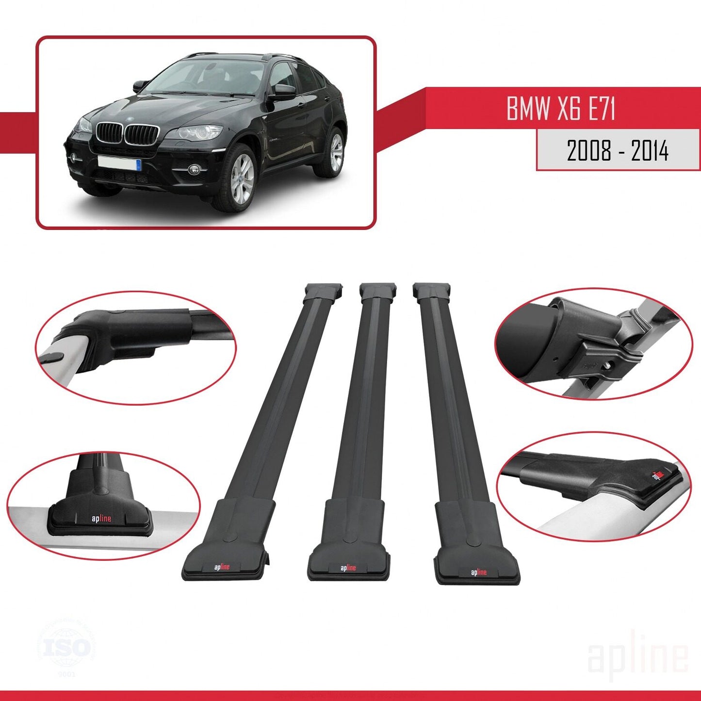 Compatible avec BMW X6 (E71) 2008-2014 FLY Model Barres de Toit Railing Porte-Bagages de Voiture Noir Aluminium 3 Barres
