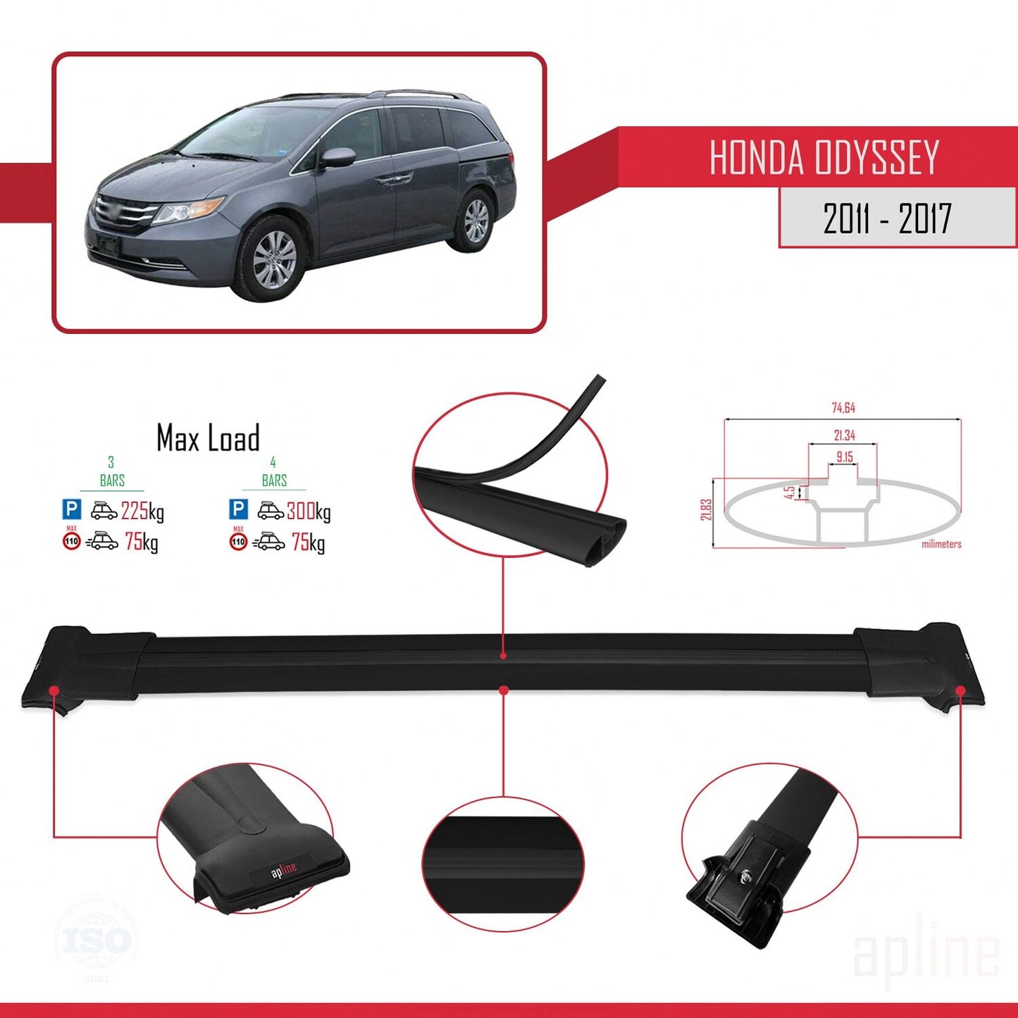 Compatible avec Honda Odyssey 2011-2017 FLY Model Barres de Toit Railing Porte-Bagages de Voiture Noir Aluminium 3 Barres