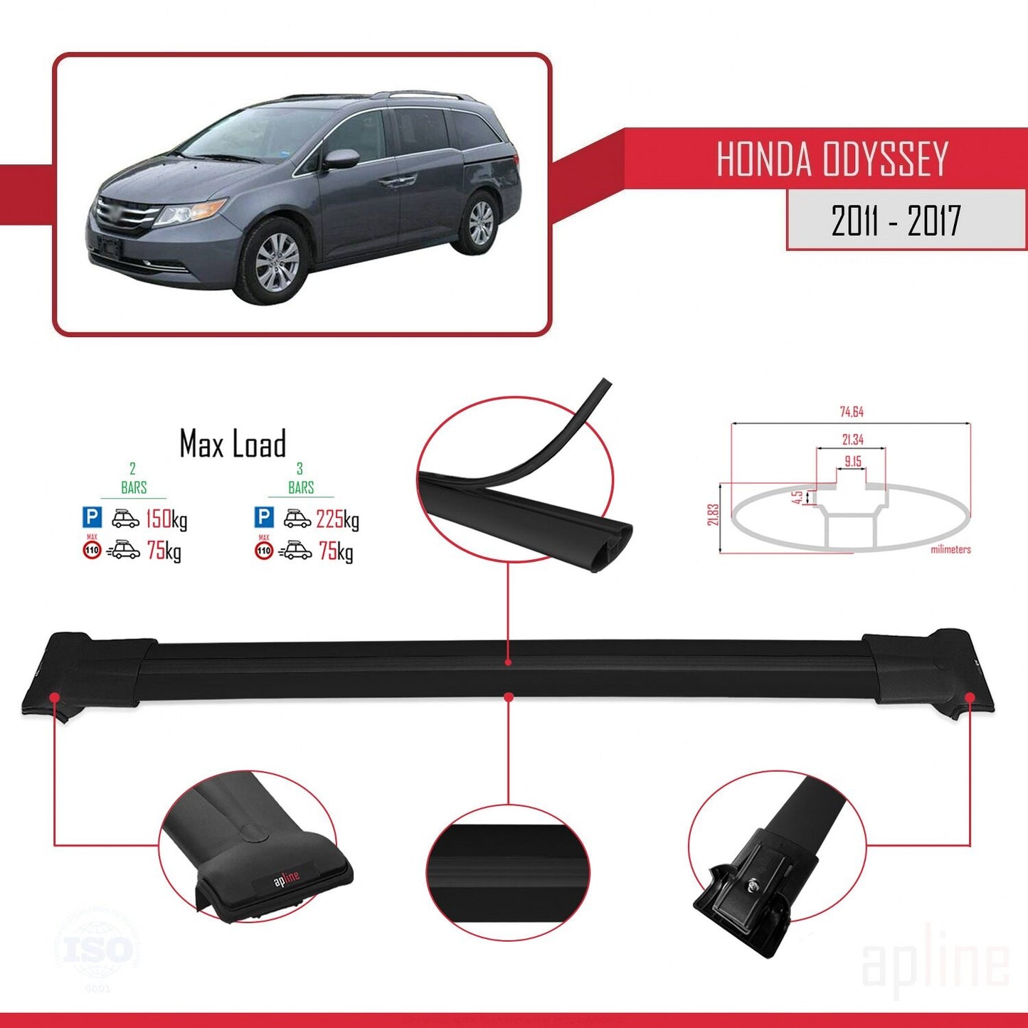Compatible avec Honda Odyssey 2011-2017 FLY Model Barres de Toit Railing Porte-Bagages de Voiture Noir Aluminium 2 Barres