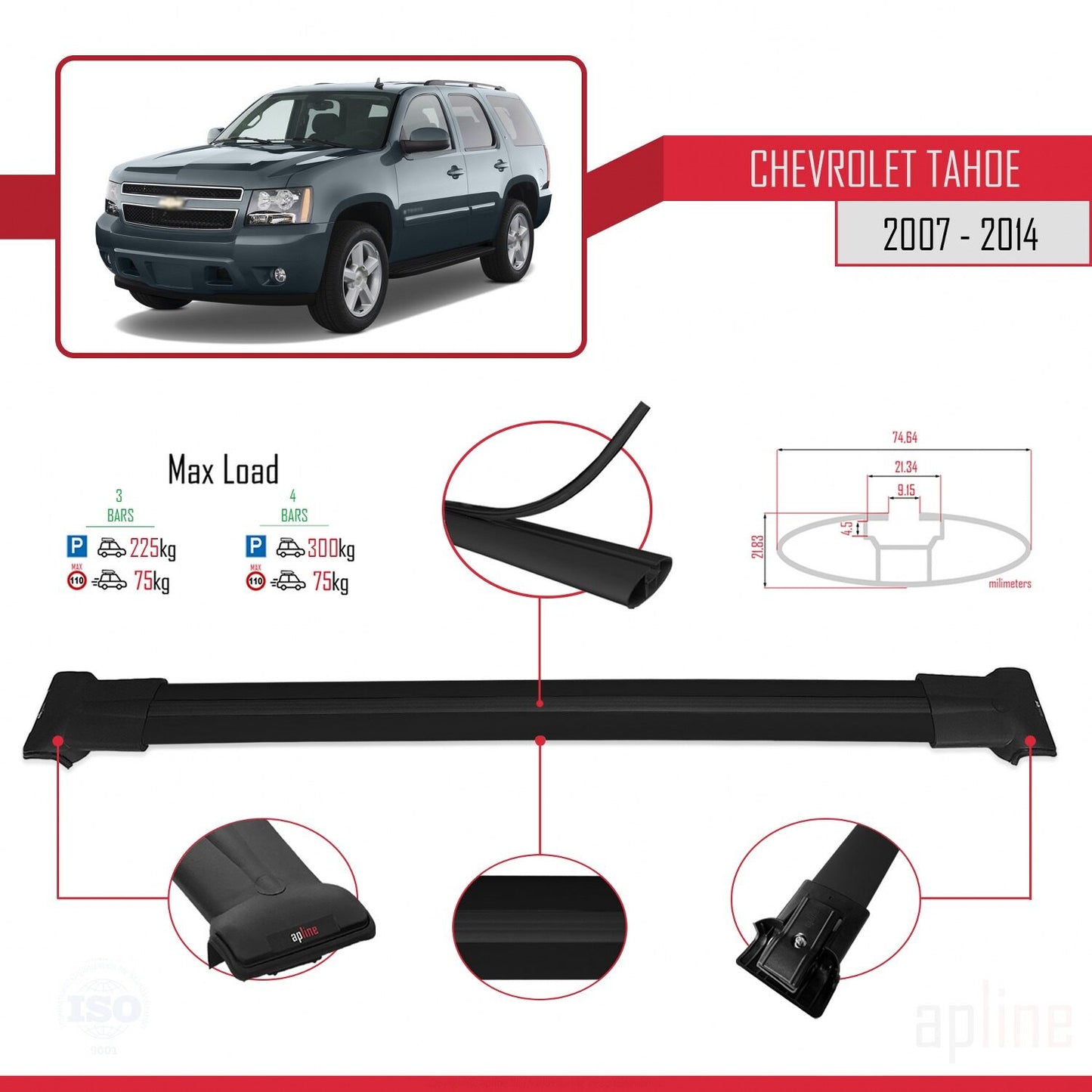 Kompatibel mit Chevrolet Tahoe 3 2007-2014 FLY Modell Dachgepäckträger, schwarzes Aluminium, 3 Stangen