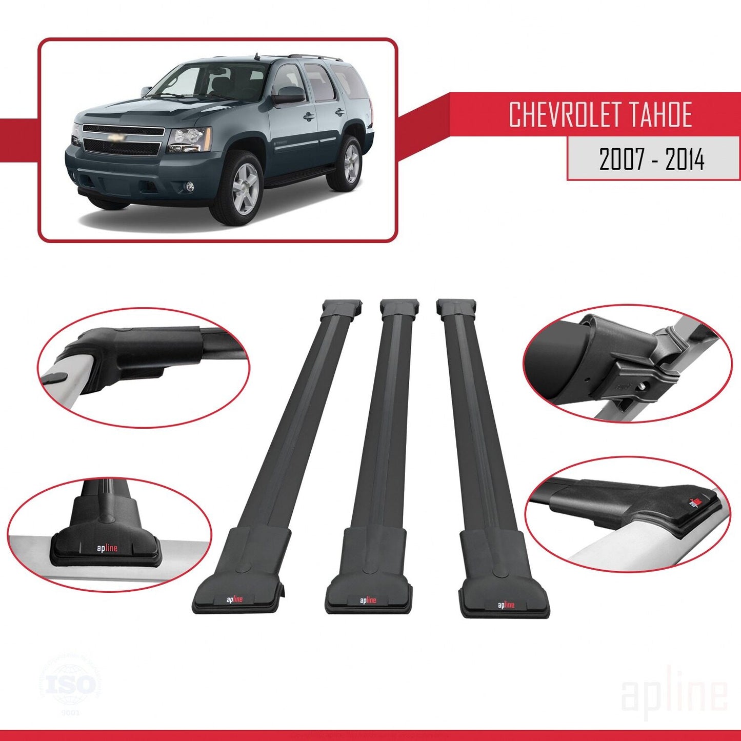 Kompatibel mit Chevrolet Tahoe 3 2007-2014 FLY Modell Dachgepäckträger, schwarzes Aluminium, 3 Stangen