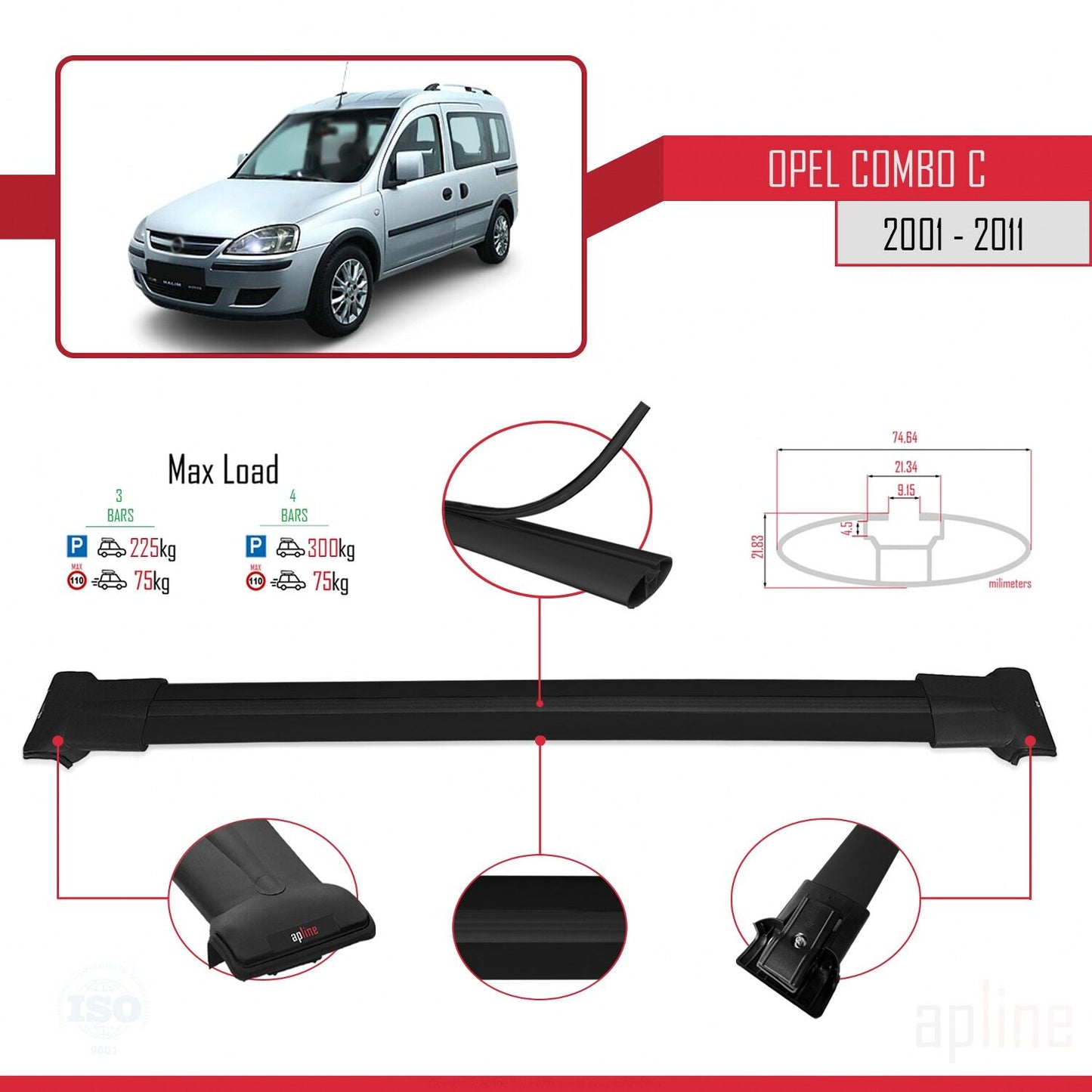 Compatible avec Opel Combo C 2001-2011 FLY Model Barres de Toit Railing Porte-Bagages de Voiture Noir Aluminium 3 Barres