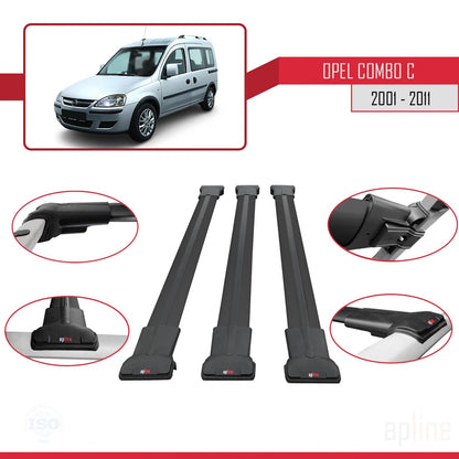 Compatible avec Opel Combo C 2001-2011 FLY Model Barres de Toit Railing Porte-Bagages de Voiture Noir Aluminium 3 Barres
