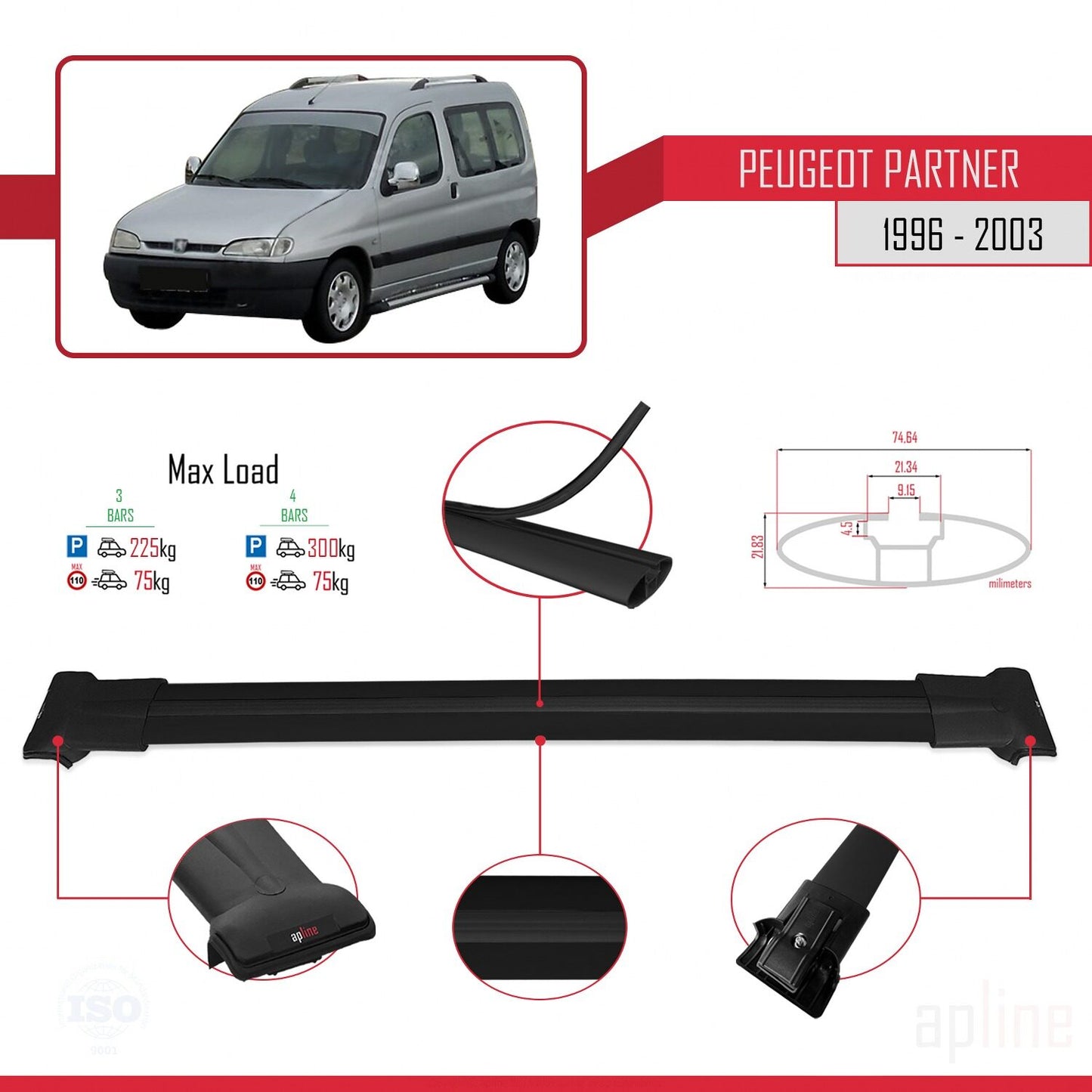 Compatible avec Peugeot Partner Pre-Facelift 1996-2003 FLY Model Barres de Toit Railing Porte-Bagages de Voiture Noir Aluminium 3 Barres