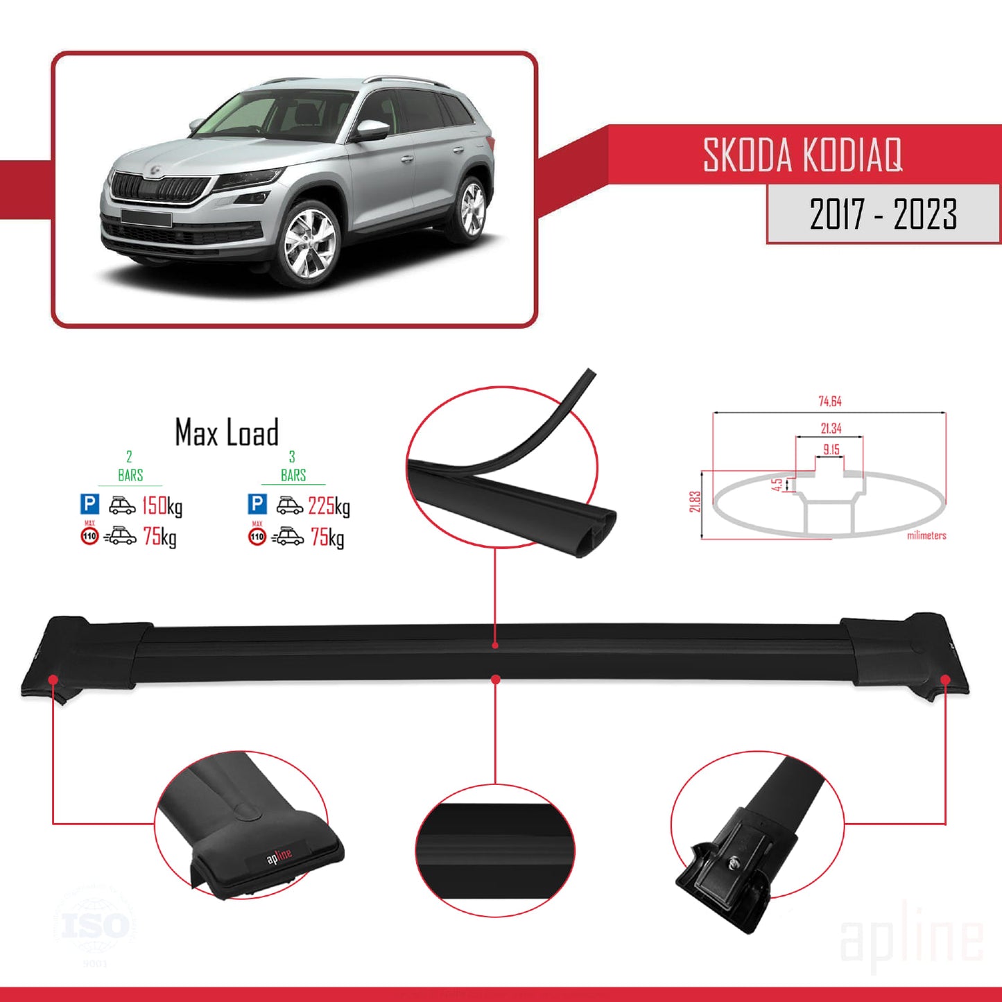 Compatible avec Skoda Kodiaq 2017-2023 FLY Model Barres de Toit Railing Porte-Bagages de Voiture Noir Aluminium 2 Barres