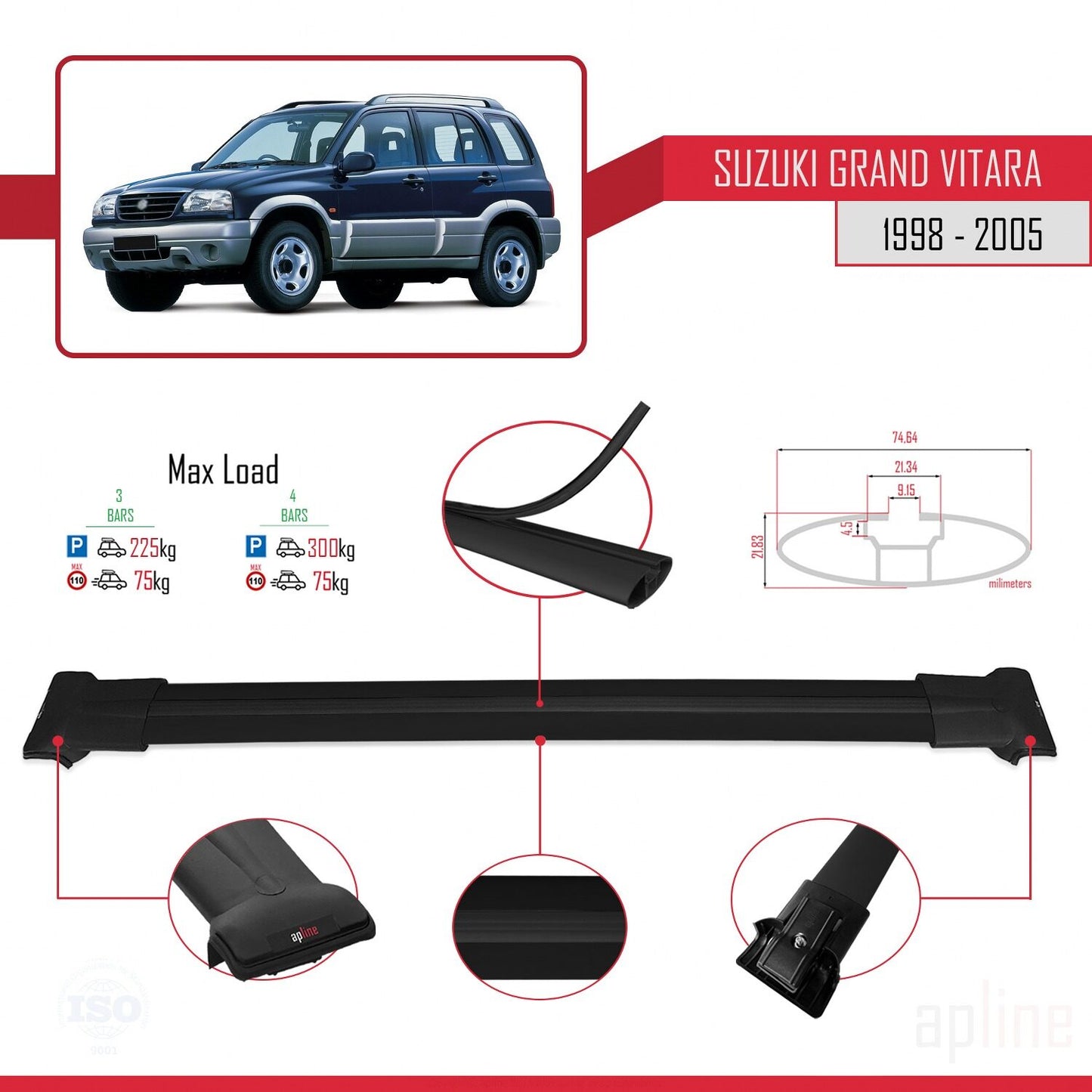 Compatible avec Suzuki Grand Vitara (FT) 1998-2005 FLY Model Barres de Toit Railing Porte-Bagages de Voiture Noir Aluminium 3 Barres
