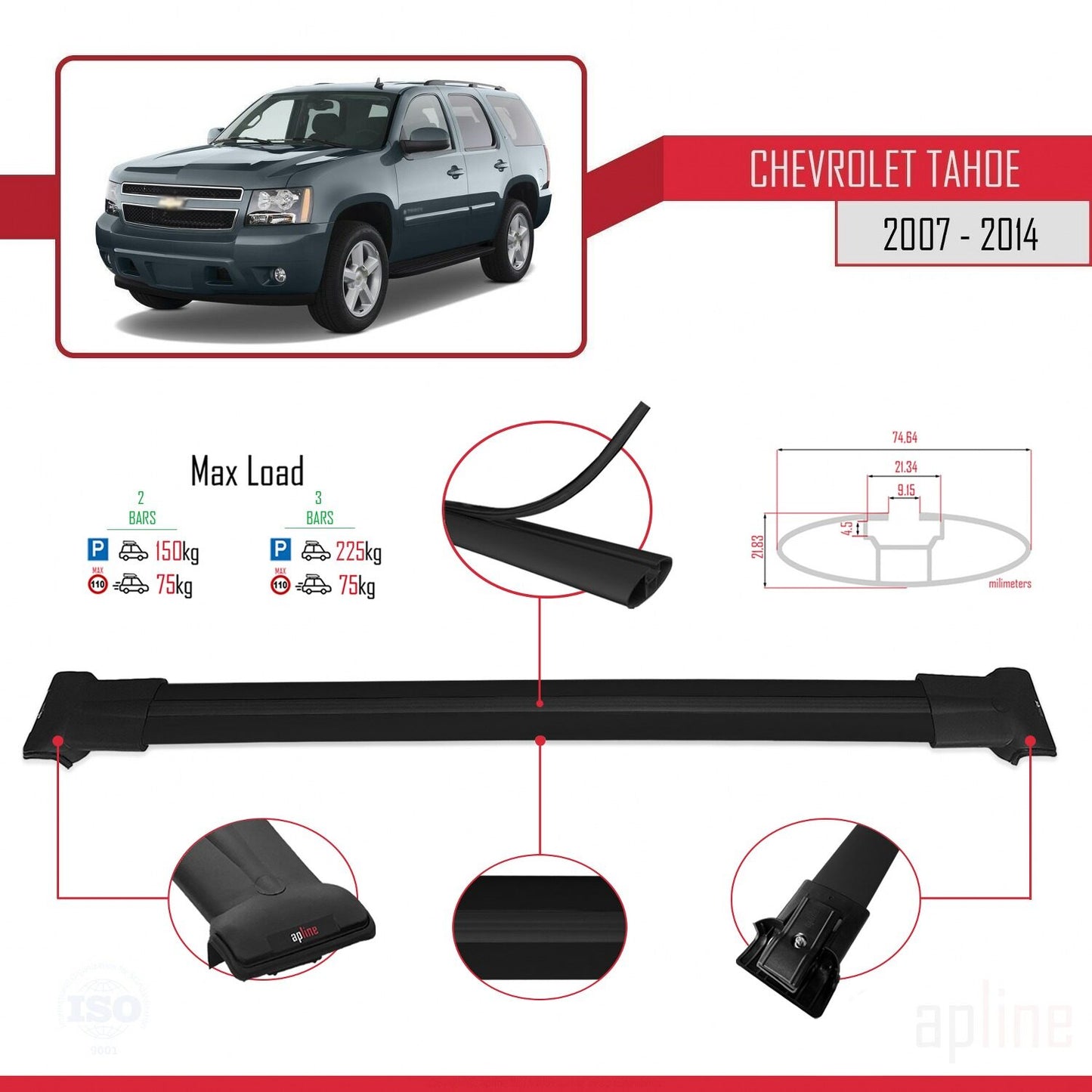 Kompatibel mit Chevrolet Tahoe 3 2007-2014 FLY Modell Dachgepäckträger, schwarzes Aluminium, 2 Stangen