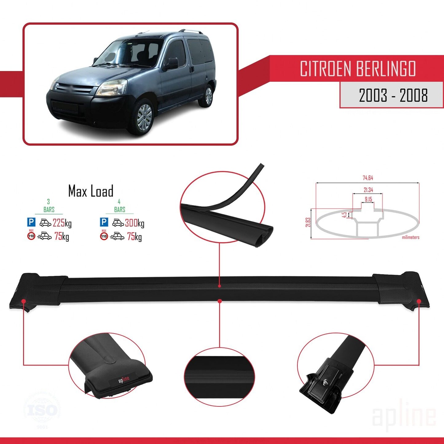 Kompatibel mit Citroen Berlingo (M59) 2003-2008 FLY Modell Dachgepäckträger, schwarzes Aluminium, 3-teilig