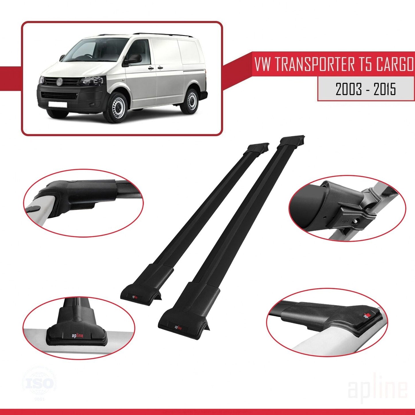 Compatible avec Volkswagen T5 Transporter 2003-2015 FLY Model Barres de Toit Railing Porte-Bagages de Voiture Noir Aluminium 2 Barres