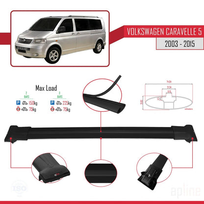 Compatible avec Volkswagen T5 Caravelle 2003-2015 FLY Model Barres de Toit Railing Porte-Bagages de Voiture Noir Aluminium 2 Barres