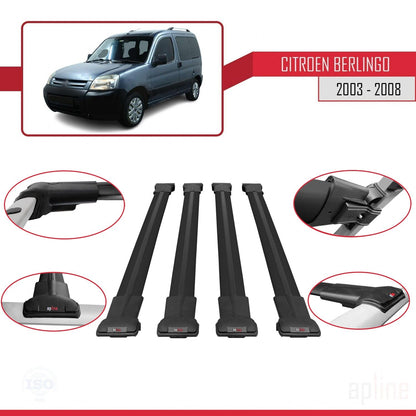 Kompatibel mit Citroen Berlingo (M59) 2003-2008 FLY Modell Dachgepäckträger, schwarzes Aluminium, 4 Stangen