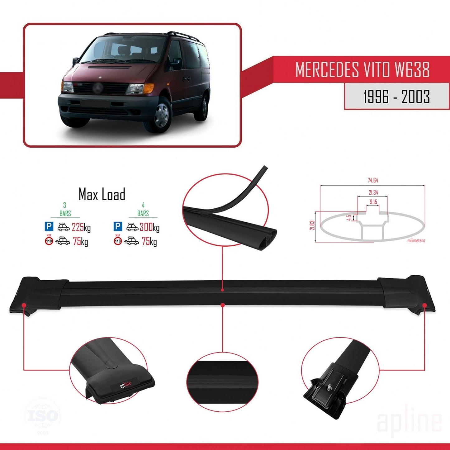 Compatible with Mercedes Vito (W638) 1996-2003 FLY Model Car Roof Rack Cross Bar Black Aluminium 4 Bars