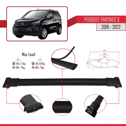 Compatible avec Peugeot Partner 3 2019-2022 FLY Model Barres de Toit Railing Porte-Bagages de Voiture Noir Aluminium 4 Barres