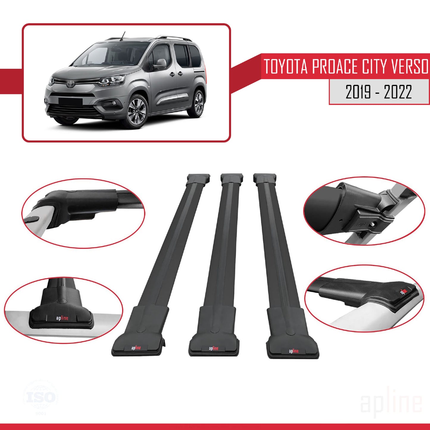 Compatible avec Toyota Proace City Verso 2019-2022 FLY Model Barres de Toit Railing Porte-Bagages de Voiture Noir Aluminium 3 Barres