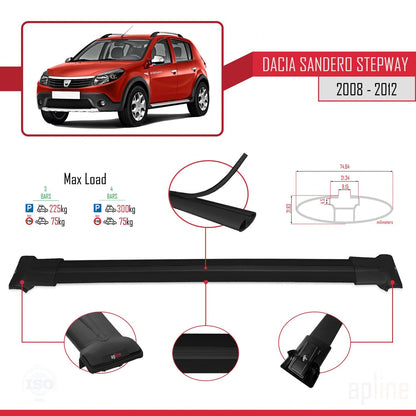 Compatible avec Dacia Sandero Stepway 2008-2012 FLY Model Barres de Toit Railing Porte-Bagages de Voiture Noir Aluminium 3 Barres