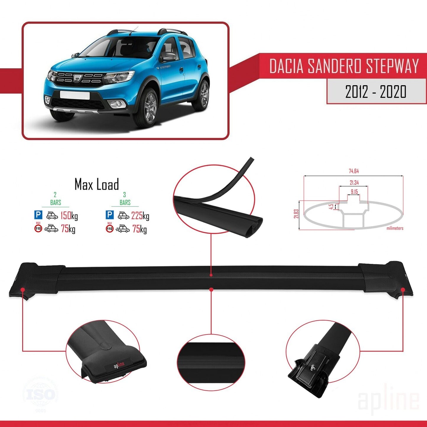 Compatibile con Dacia Sandero Stepway 2 2012-2020 modello FLY Barre portatutto per auto Portapacchi in alluminio nero 2 barre