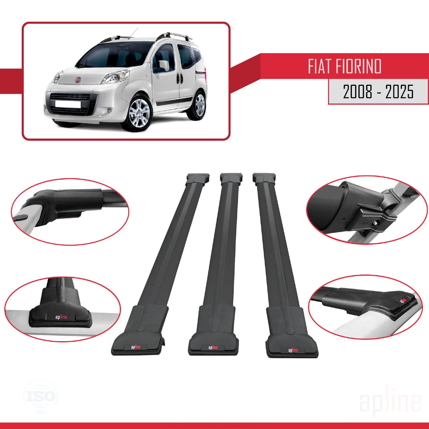 Compatible avec Fiat Fiorino 3 2008-2025 FLY Model Barres de Toit Railing Porte-Bagages de Voiture Noir Aluminium 3 Barres