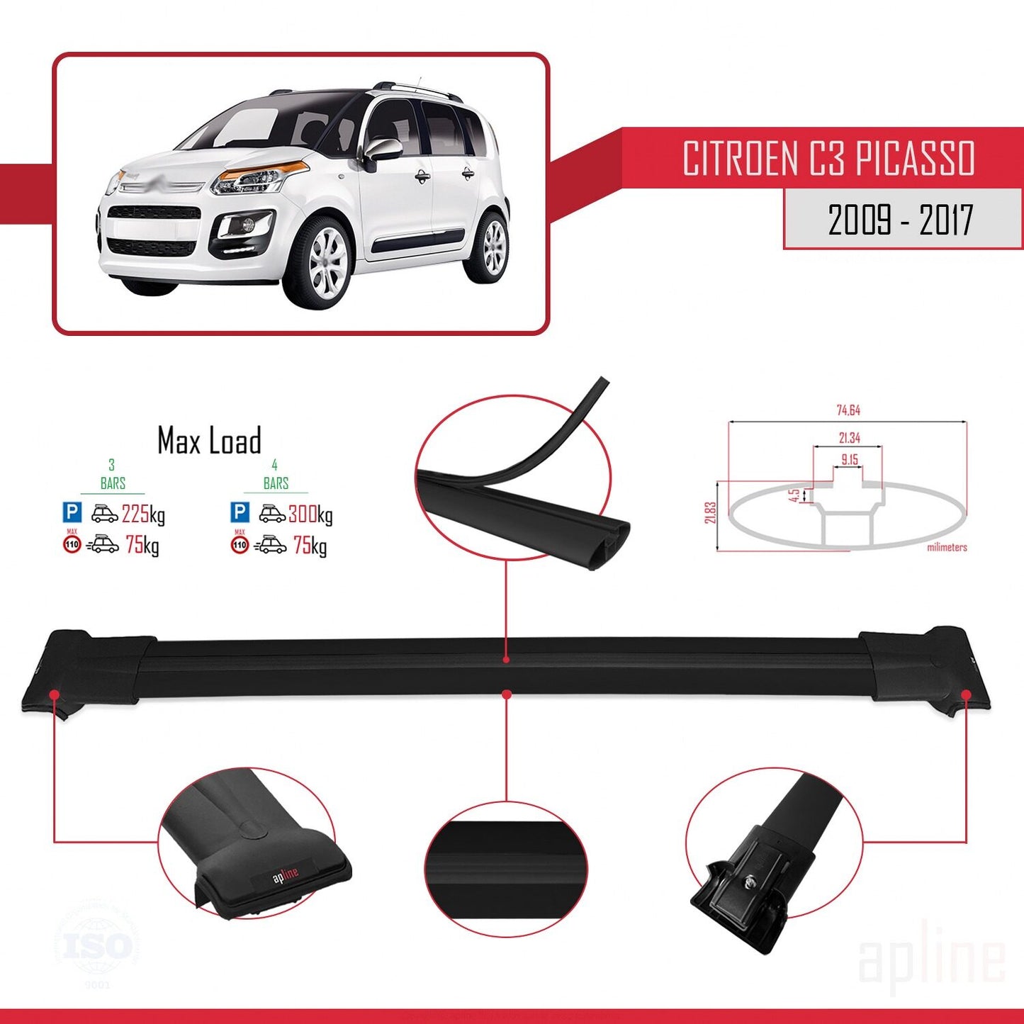 Compatible avec Citroen C3 Picasso 2009-2017 FLY Model Barres de Toit Railing Porte-Bagages de Voiture Noir Aluminium 3 Barres