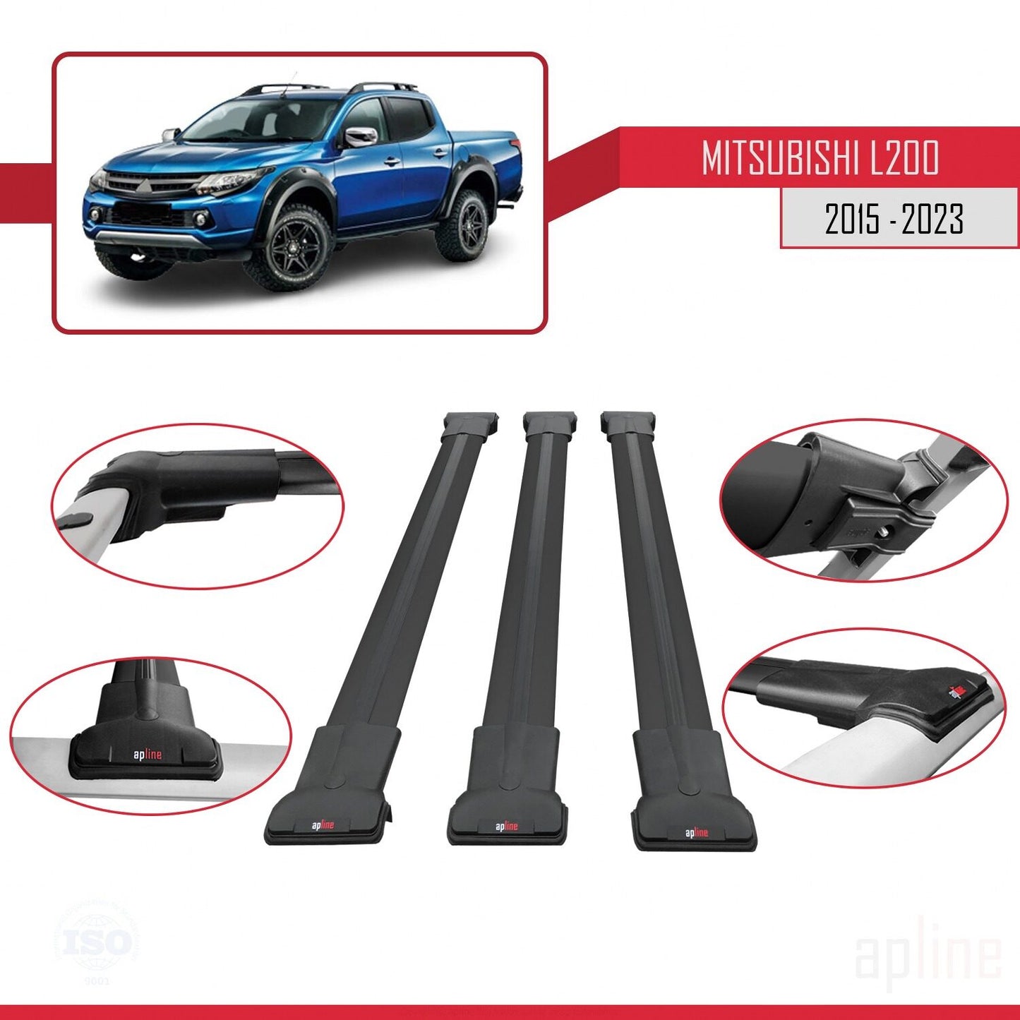Compatible with Mitsubishi L200 V 2015-2023 FLY Model Car Roof Rack Cross Bar Black Aluminium 3 Bars