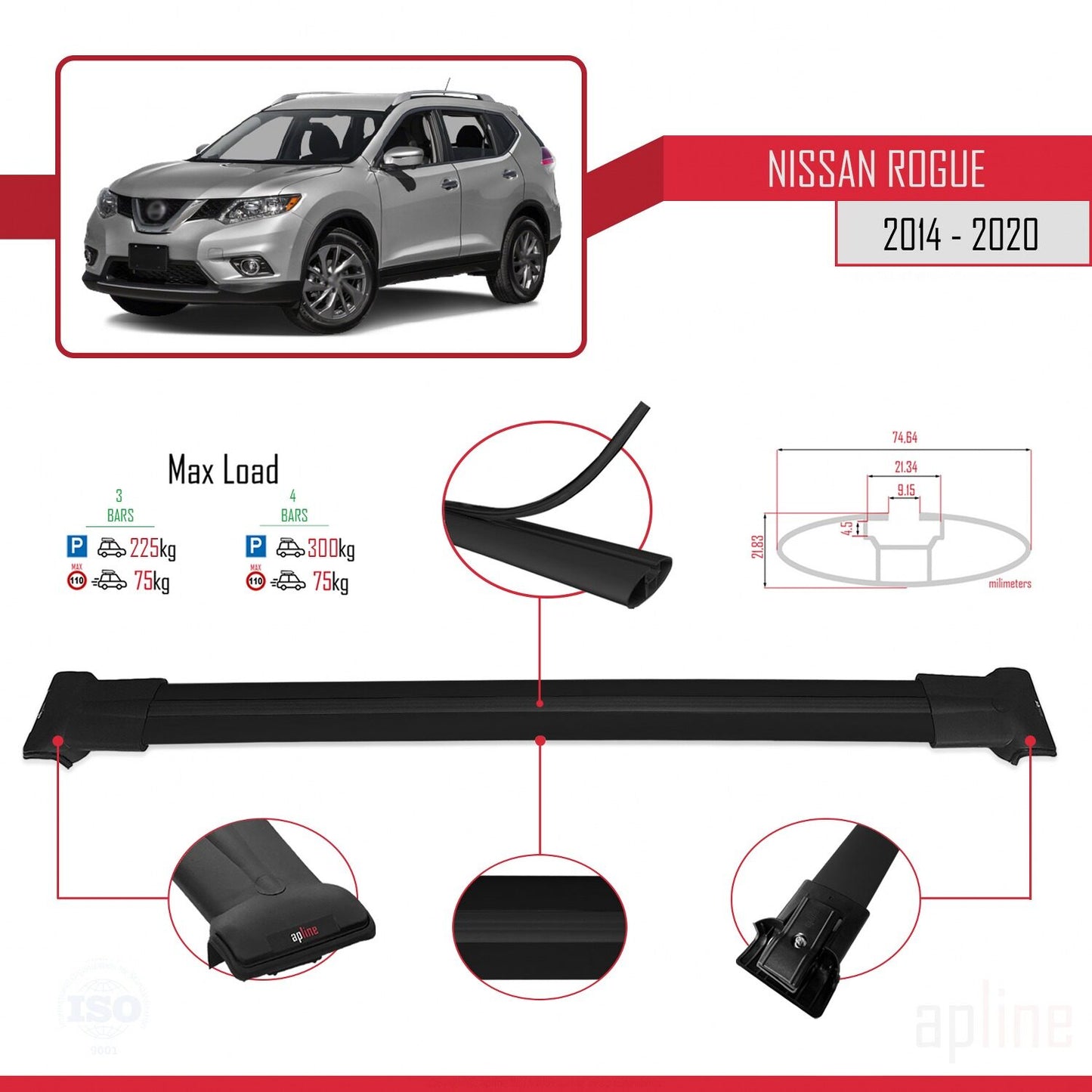 Compatible avec Nissan Rogue 2 (T32) 2014-2020 FLY Model Barres de Toit Railing Porte-Bagages de Voiture Noir Aluminium 3 Barres