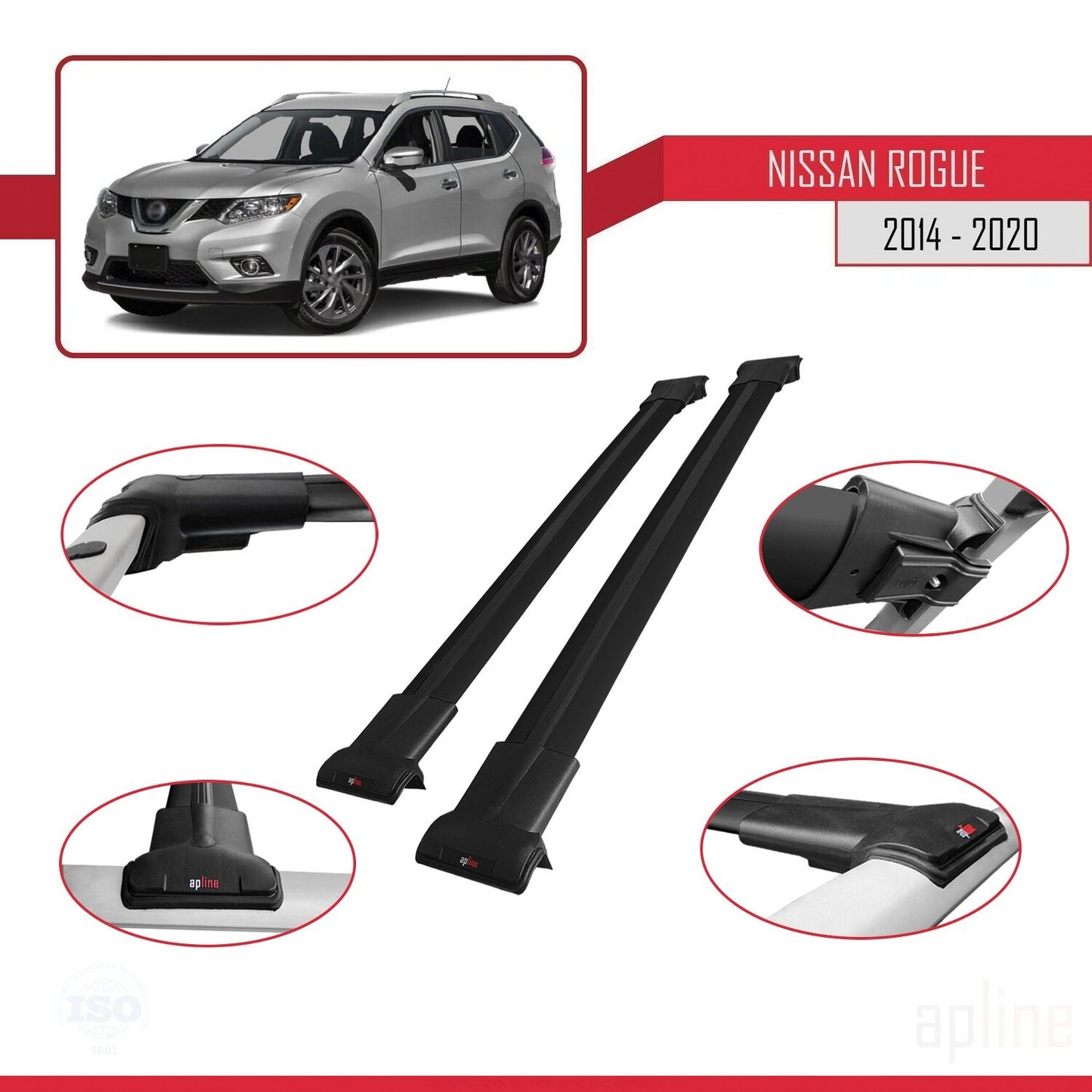 Compatible avec Nissan Rogue 2 (T32) 2014-2020 FLY Model Barres de Toit Railing Porte-Bagages de Voiture Noir Aluminium 2 Barres