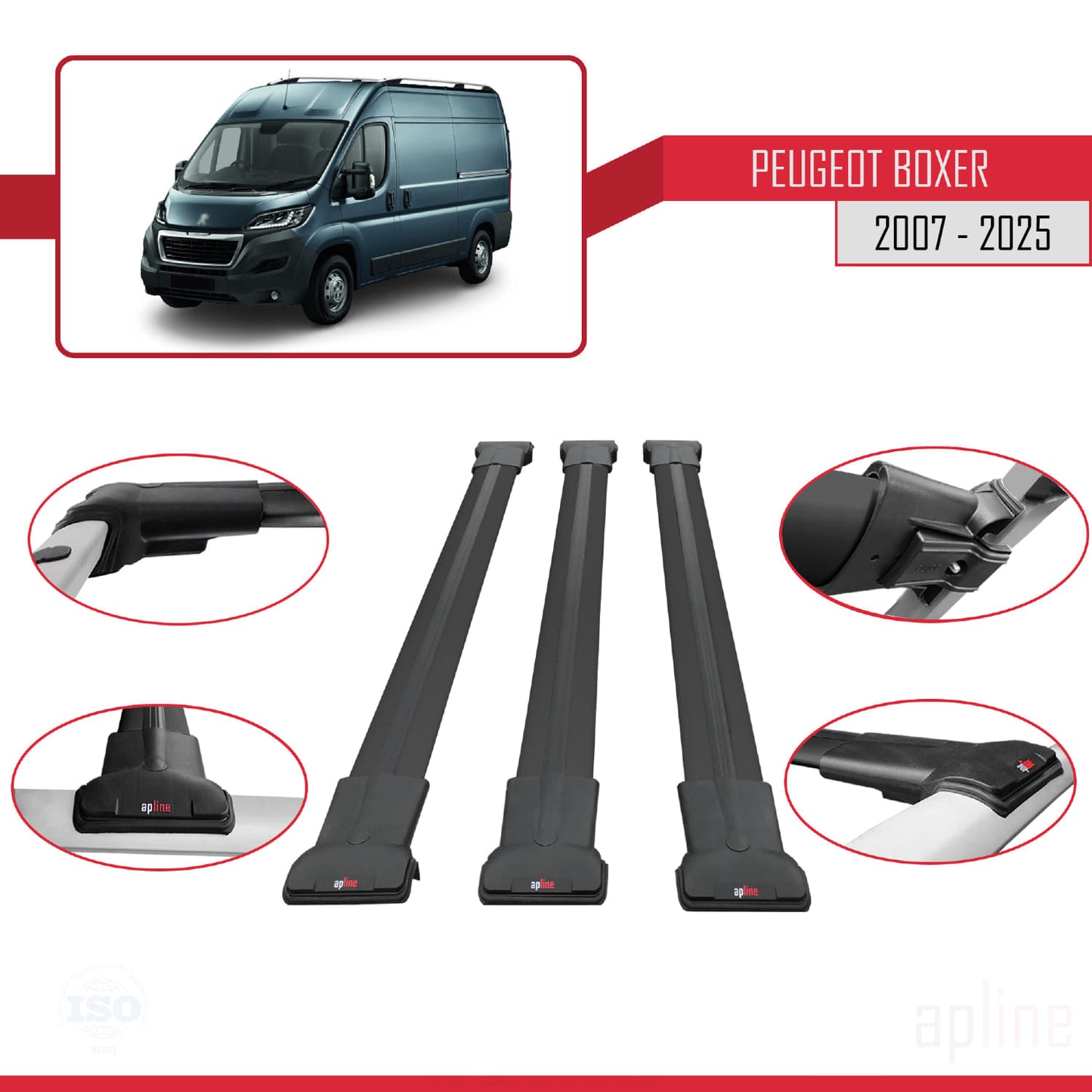 Compatible with Peugeot Boxer 2 2007-2025 FLY Model Car Roof Rack Cross Bar Black Aluminium 3 Bars
