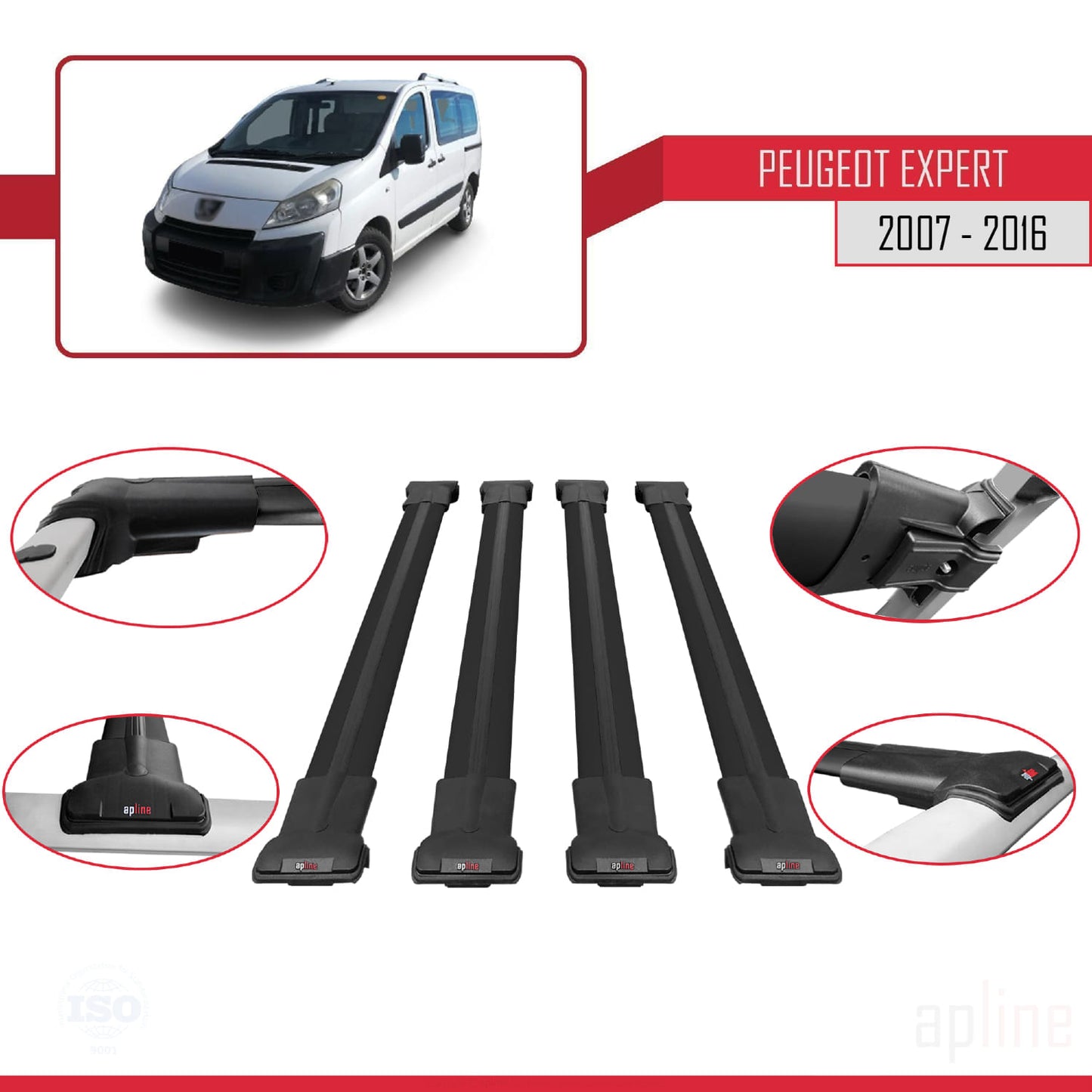 Compatible with Peugeot Expert 2 2007-2016 FLY Model Car Roof Rack Cross Bar Black Aluminium 4 Bars