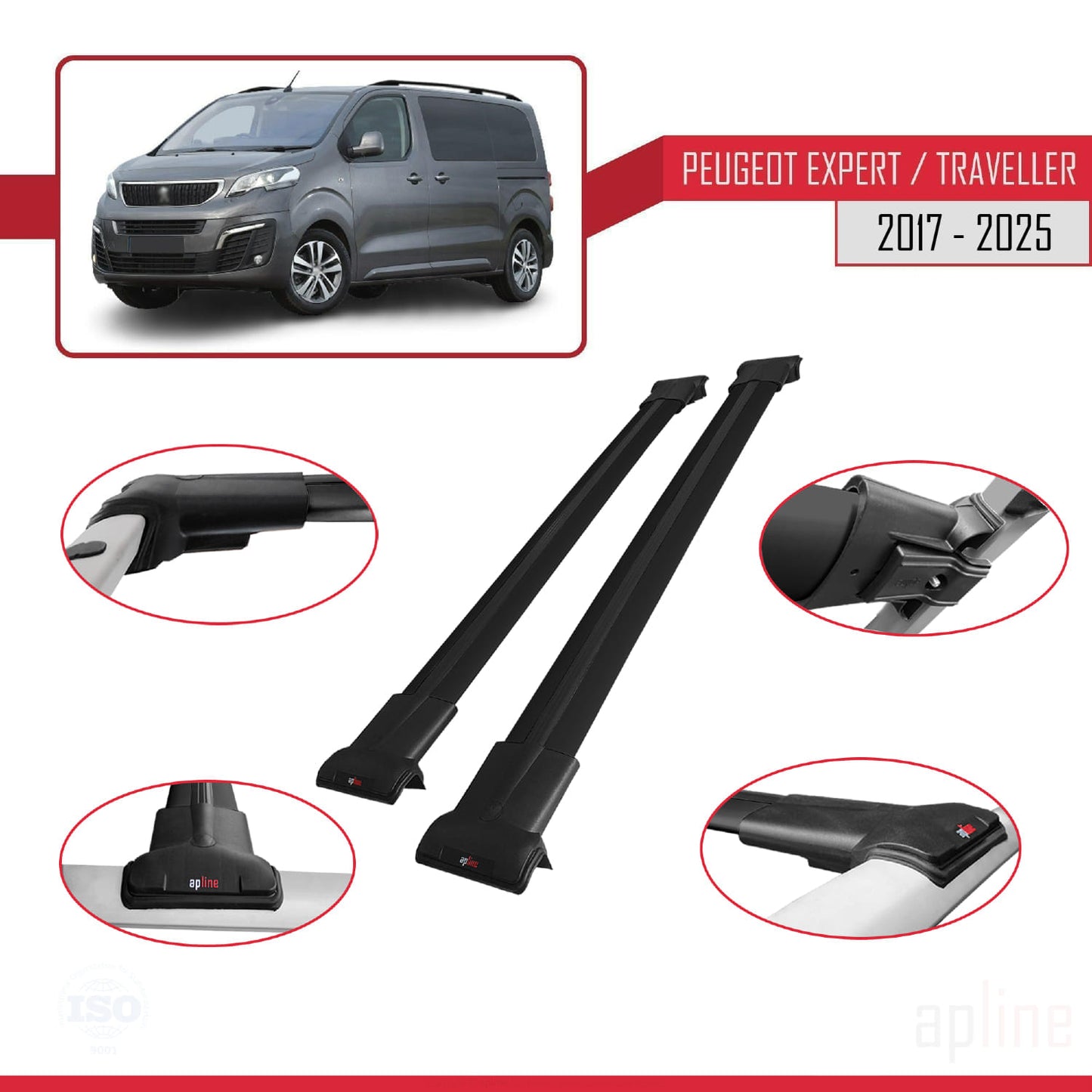 Compatible avec Peugeot Expert 3 Traveller 2017-2025 FLY Model Barres de Toit Railing Porte-Bagages de Voiture Noir Aluminium 2 Barres
