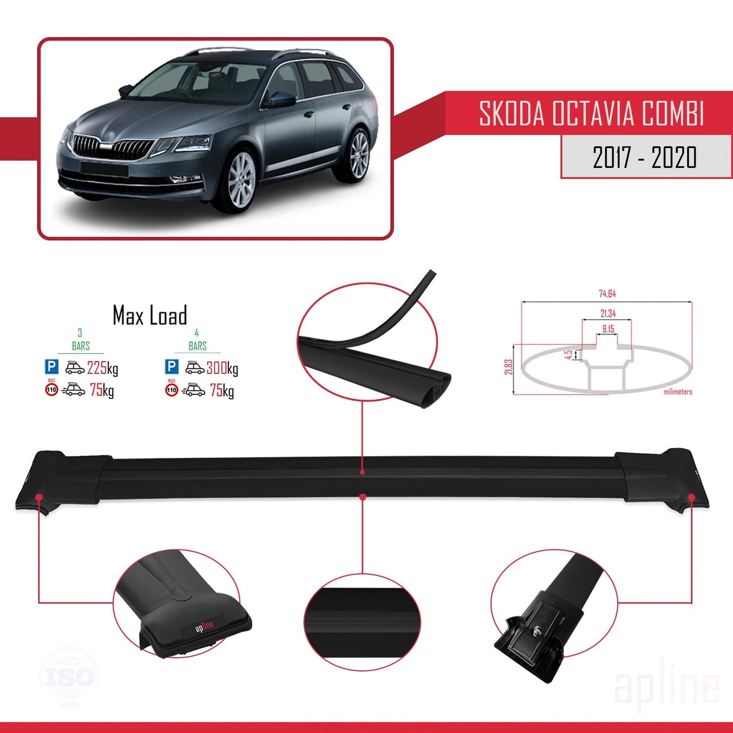 Compatible avec Skoda Octavia 3 (5E) Break Post-Facelift 2017-2020 FLY Model Barres de Toit Railing Porte-Bagages de Voiture Noir Aluminium 3 Barres