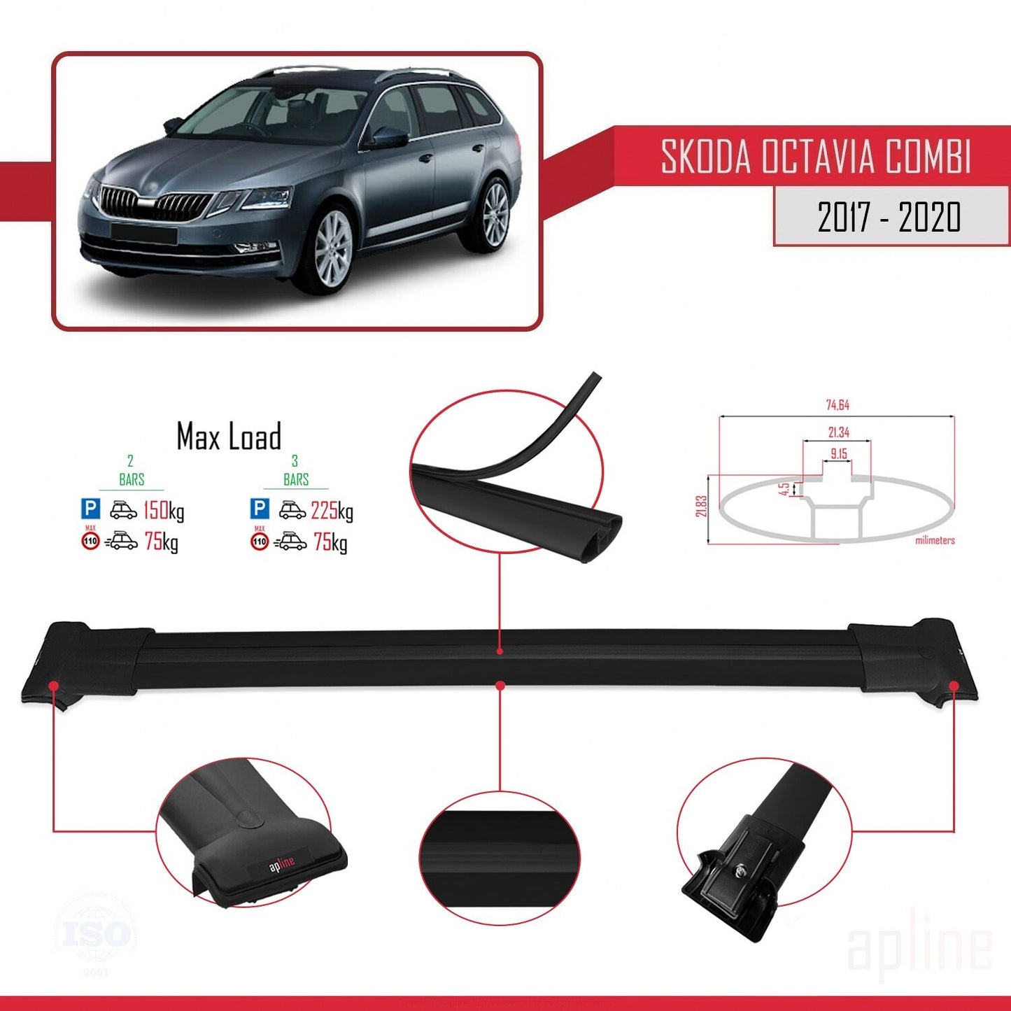 Compatible avec Skoda Octavia 3 (5E) Break Post-Facelift 2017-2020 FLY Model Barres de Toit Railing Porte-Bagages de Voiture Noir Aluminium 2 Barres
