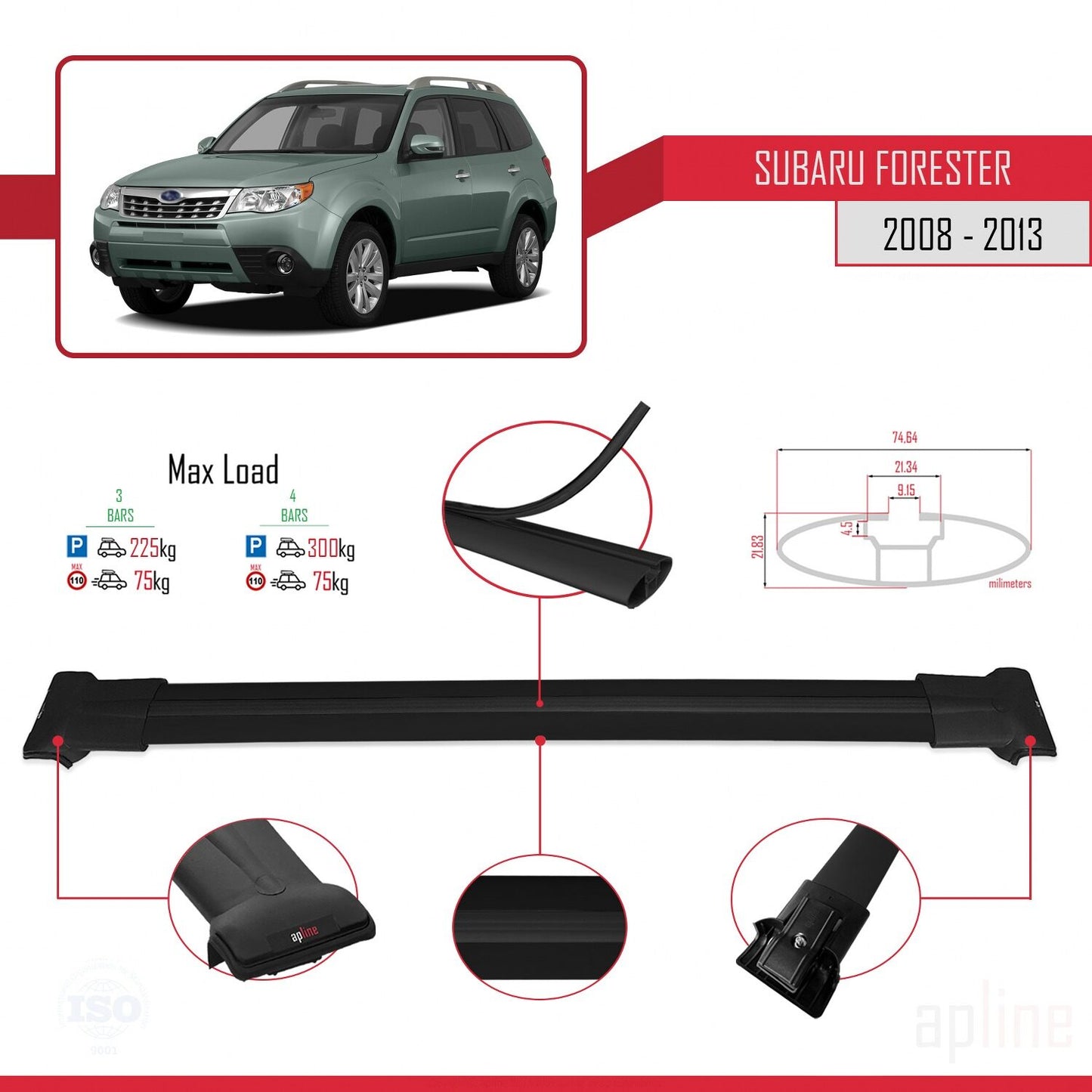 Compatible avec Subaru Forester 3 (SH) 2008-2013 FLY Model Barres de Toit Railing Porte-Bagages de Voiture Noir Aluminium 3 Barres