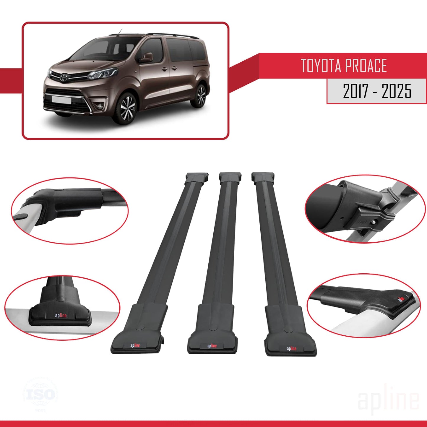 Compatible avec Toyota Proace 2017-2025 FLY Model Barres de Toit Railing Porte-Bagages de Voiture Noir Aluminium 3 Barres