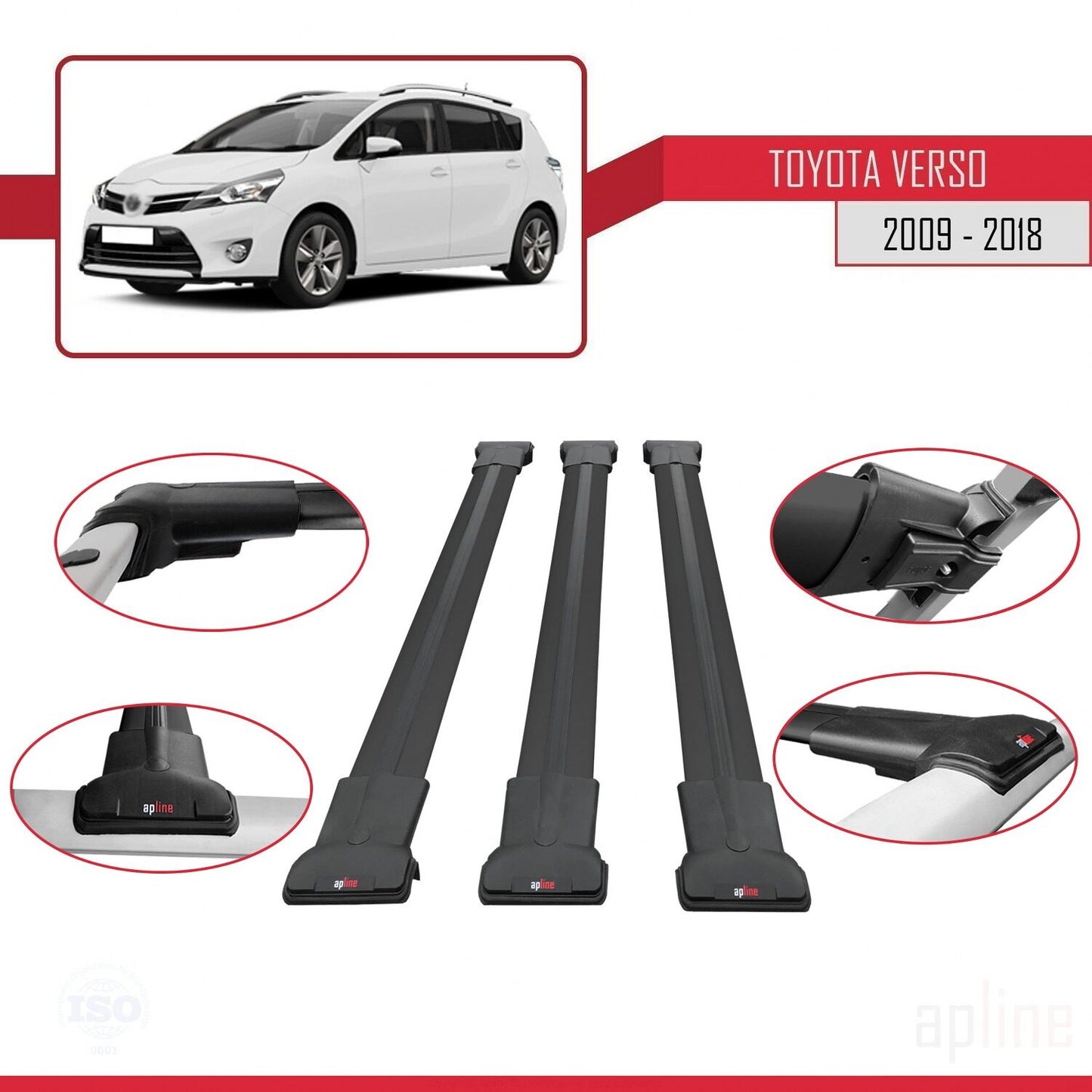 Compatible avec Toyota Verso (AR20) 2009-2018 FLY Model Barres de Toit Railing Porte-Bagages de Voiture Noir Aluminium 3 Barres