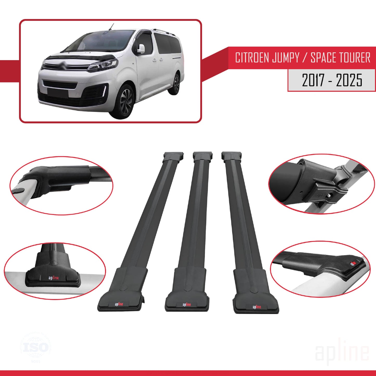 Compatible avec Citroen Jumpy 3 (K0) Space Tourer 2017-2025 FLY Model Barres de Toit Railing Porte-Bagages de Voiture Noir Aluminium 3 Barres