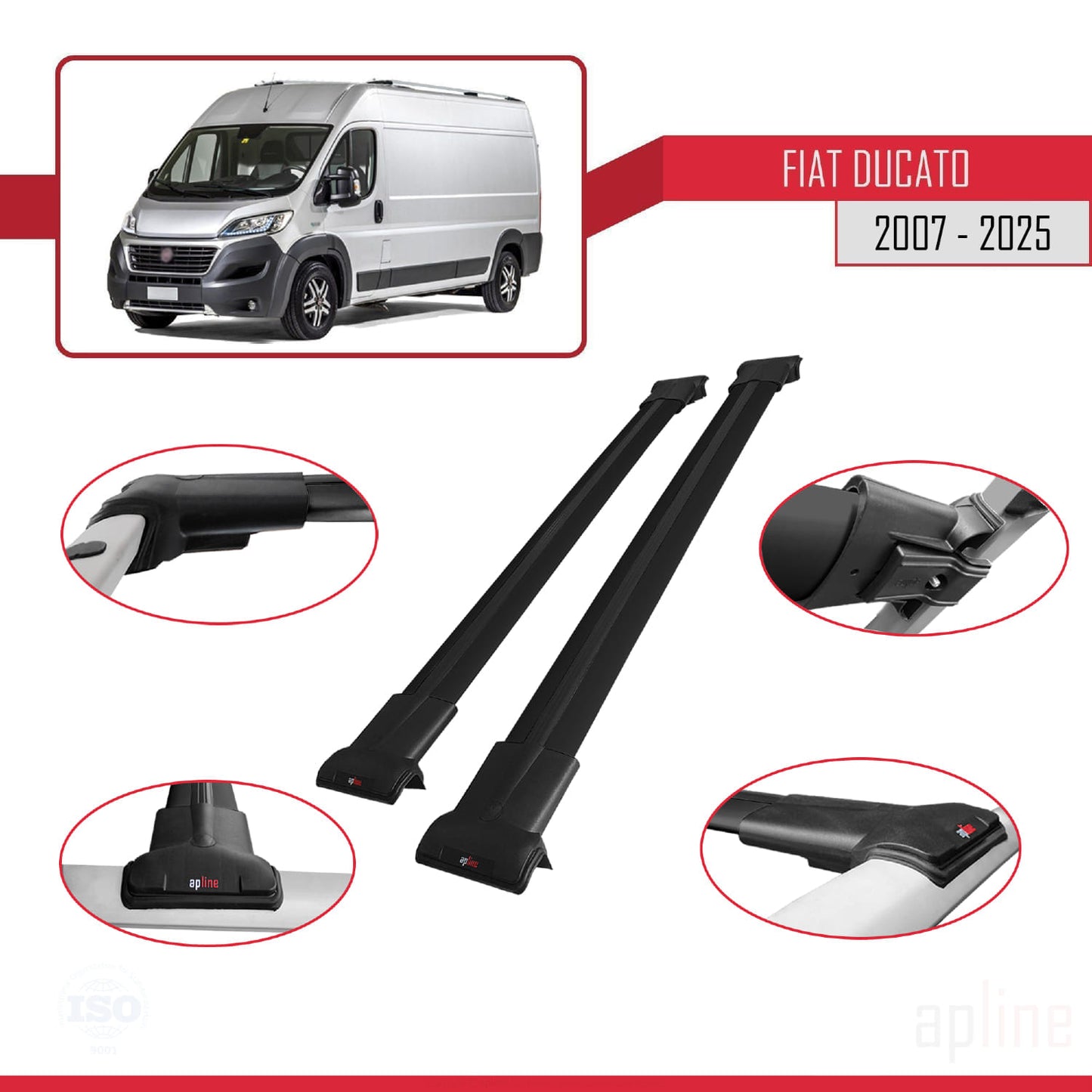 Compatible avec Fiat Ducato 3 2007-2025 FLY Model Barres de Toit Railing Porte-Bagages de Voiture Noir Aluminium 2 Barres