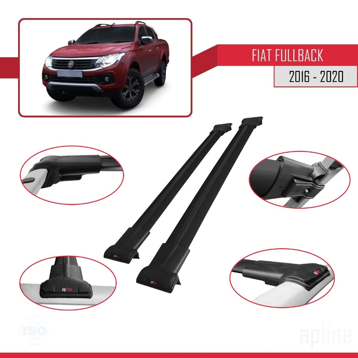 Compatible avec Fiat Fullback 2016-2020 FLY Model Barres de Toit Railing Porte-Bagages de Voiture Noir Aluminium 2 Barres