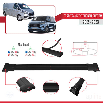 Compatible avec Ford Transit/Tourneo Custom 2012-2023 FLY Model Barres de Toit Railing Porte-Bagages de Voiture Noir Aluminium 2 Barres