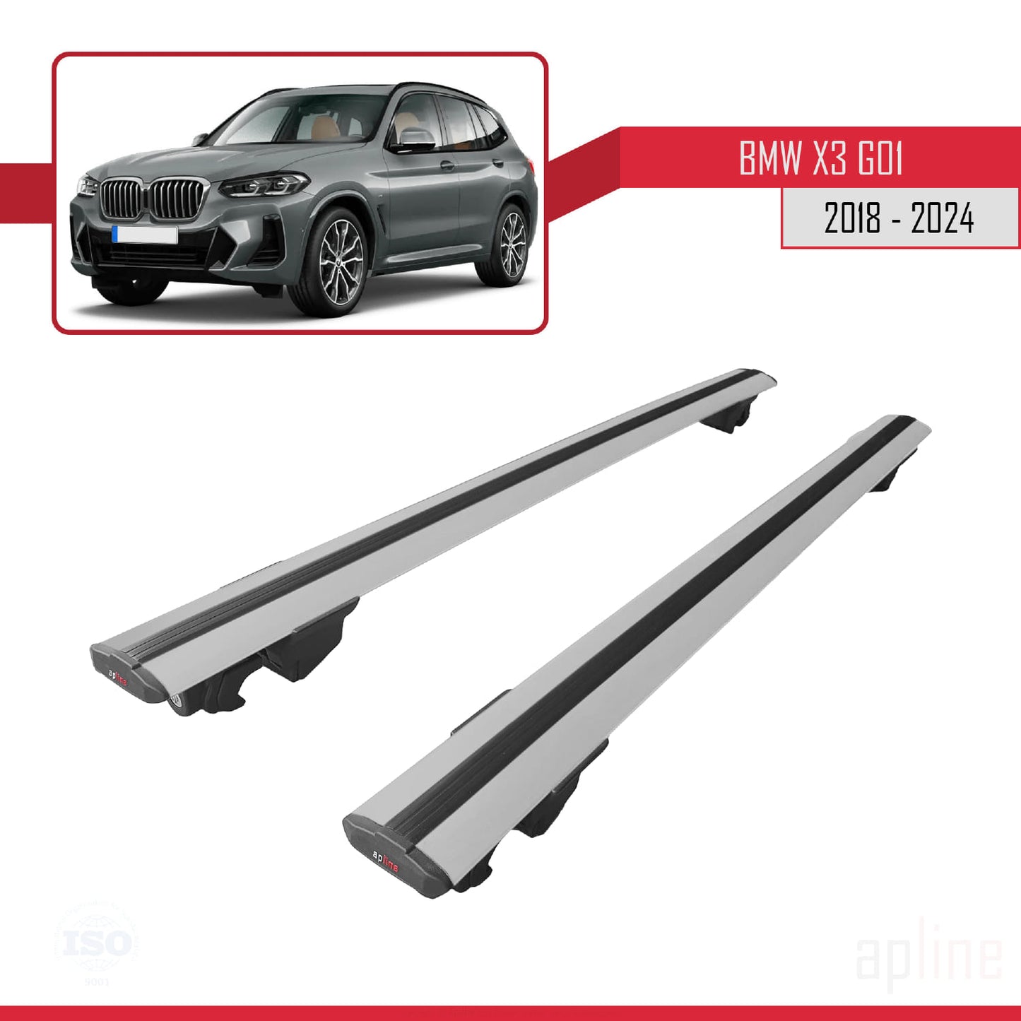 Compatibile con BMW X3 (G01) 2018-2024 Modello HOOK Barre portatutto per auto Portapacchi in alluminio grigio 2 barre